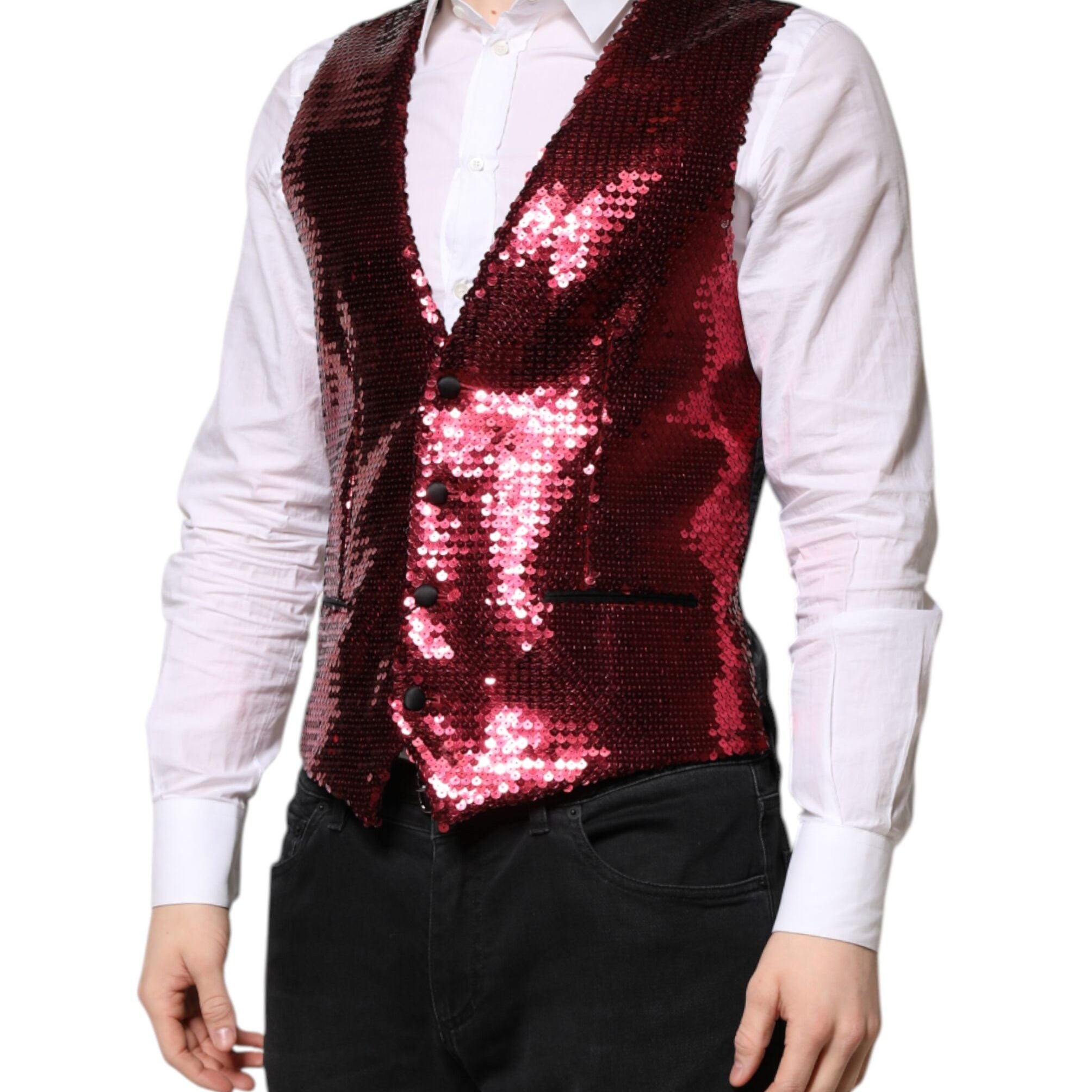 Dolce & Gabbana Red Sequined Dress Formal Men Waistcoat Vest