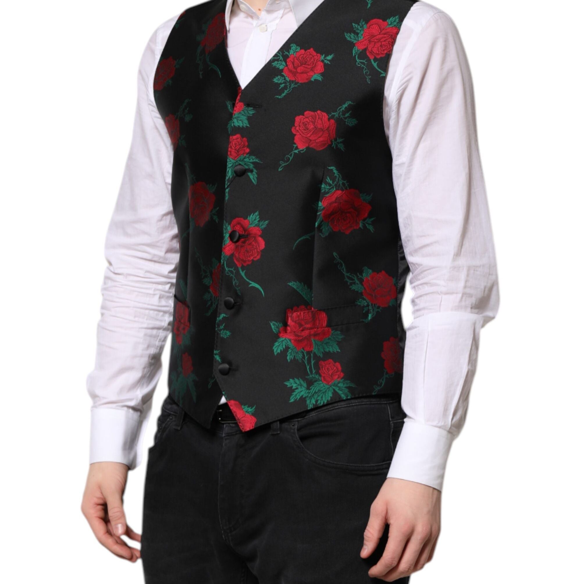 Dolce & Gabbana Red Floral Brocade Formal Men Waistcoat Vest