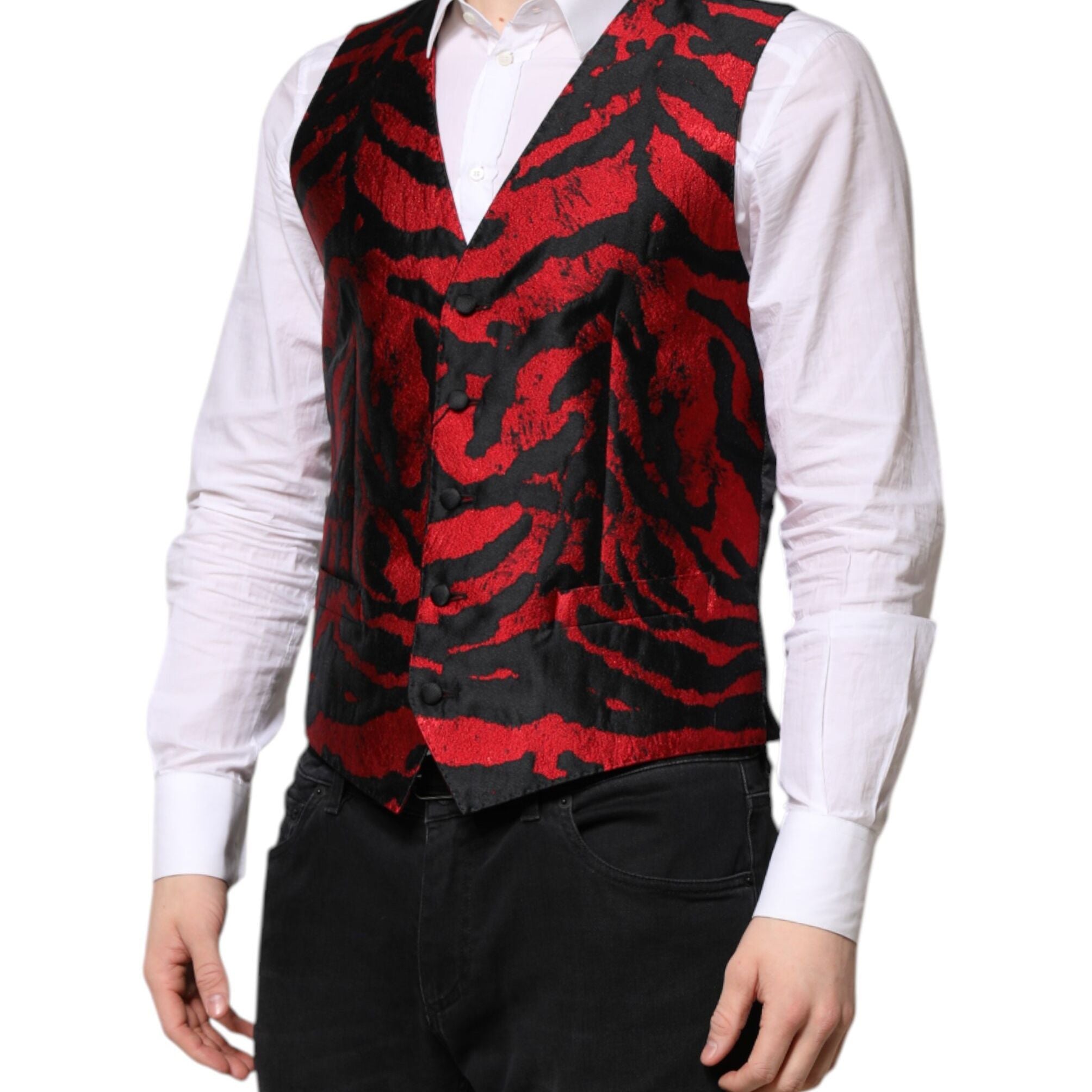 Dolce & Gabbana Red Black Stripe Dress Formal Waistcoat Vest