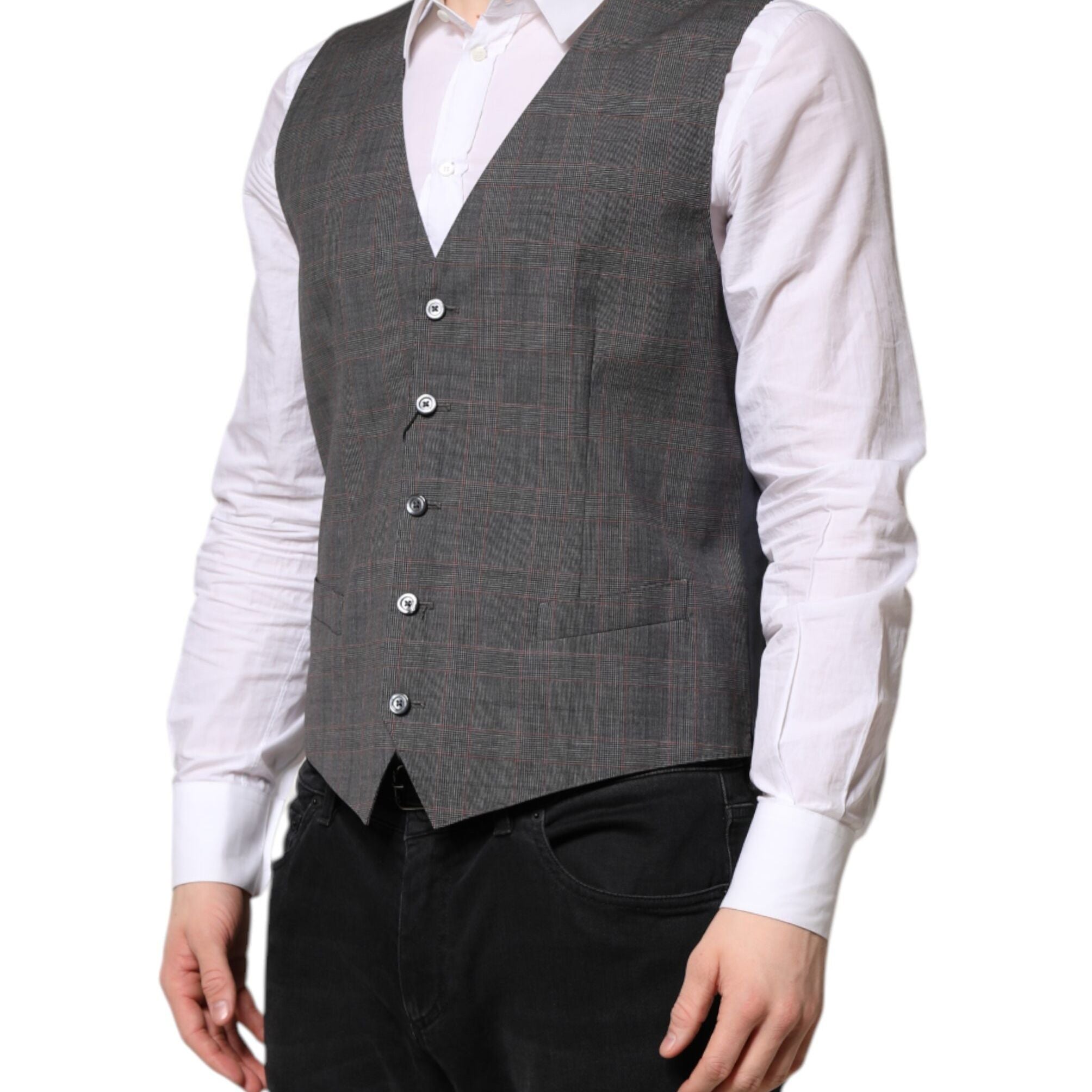 Dolce & Gabbana Gray Plaid Wool Formal Dress Waistcoat Vest