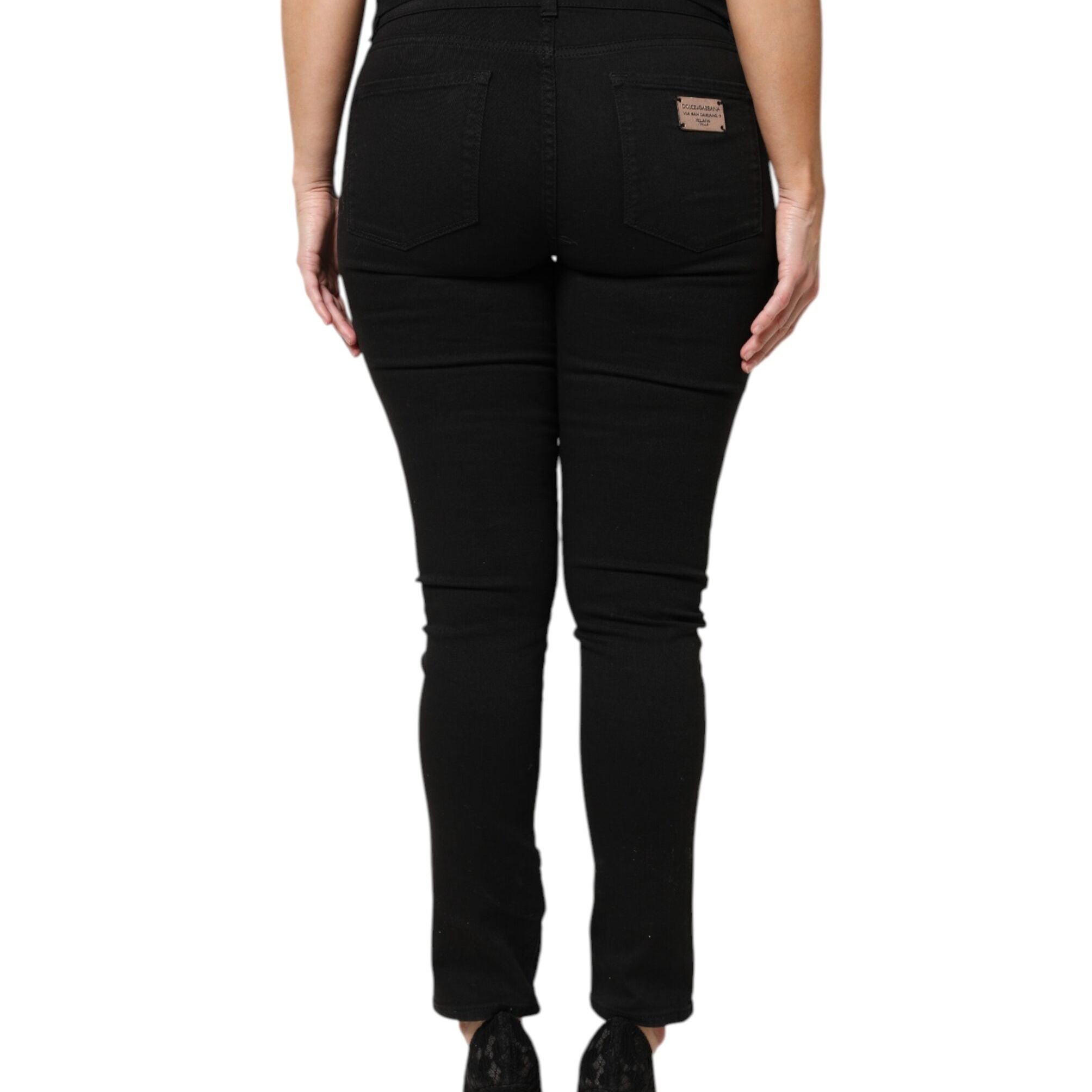 Dolce & Gabbana Black Cotton Logo Mid Waist Skinny Denim Jeans