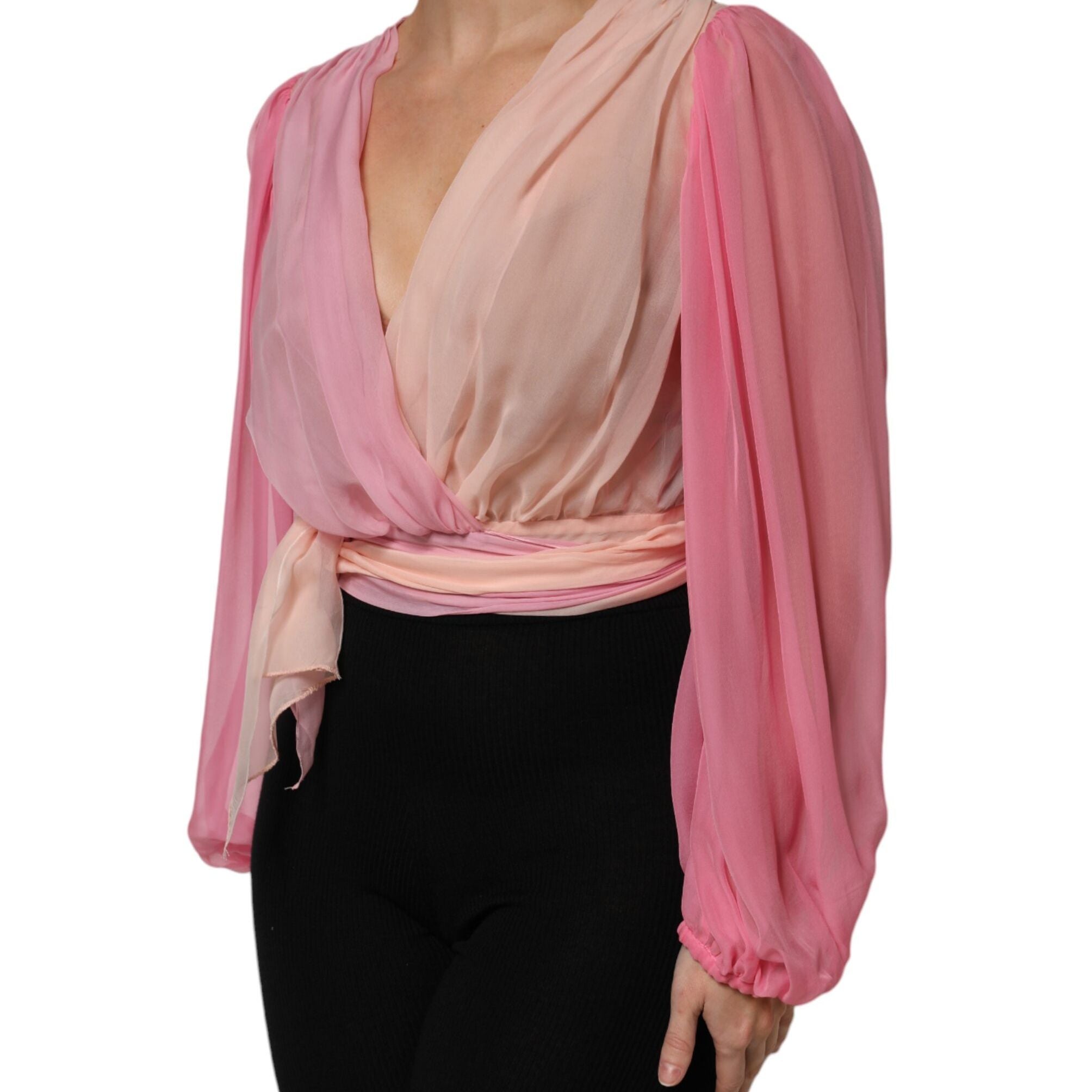 Dolce & Gabbana Pink Plunging V-neck Long Sleeves Blouse Top