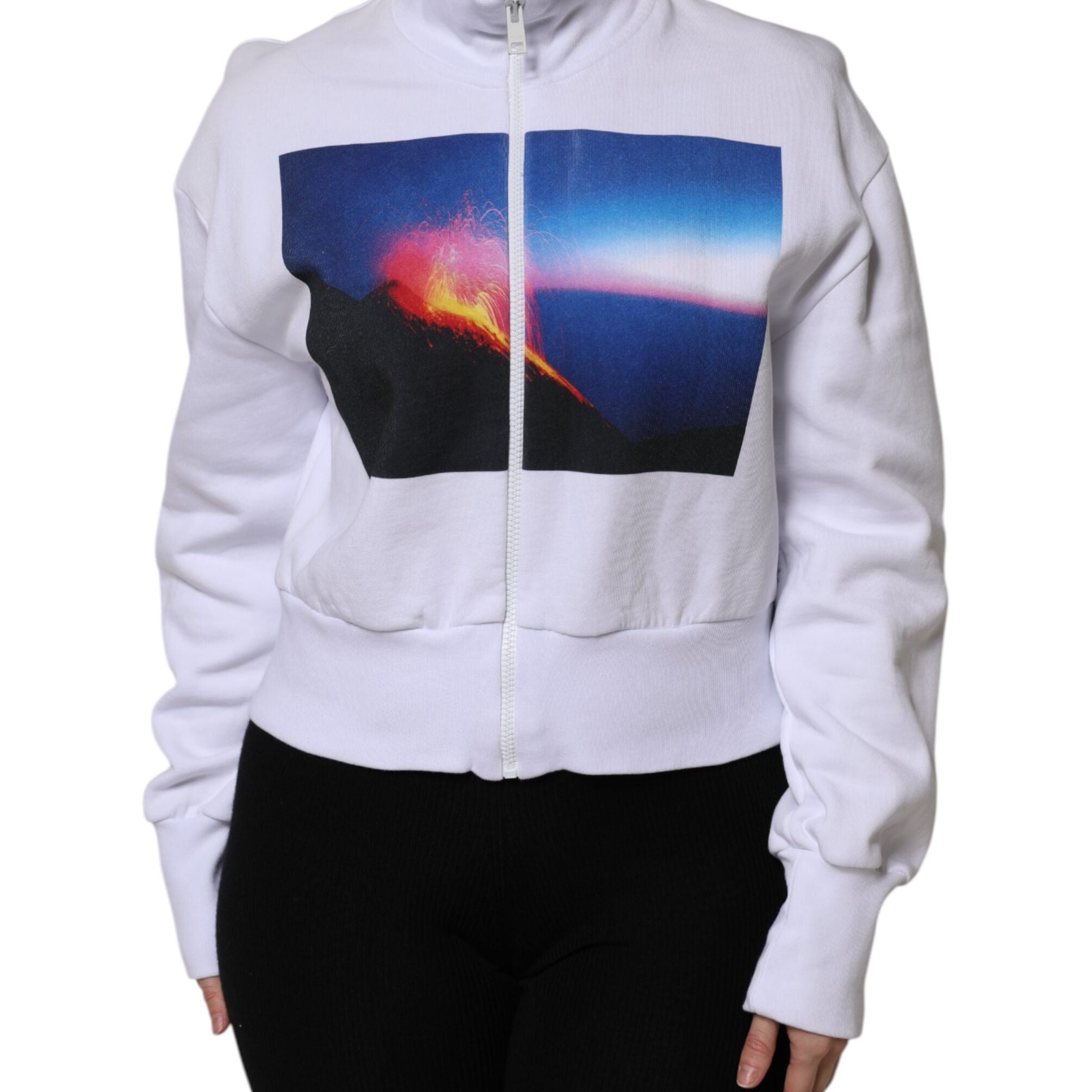 MSGM White Graphic Print Cotton Long Sleeves Full Zip Bomber Jacket