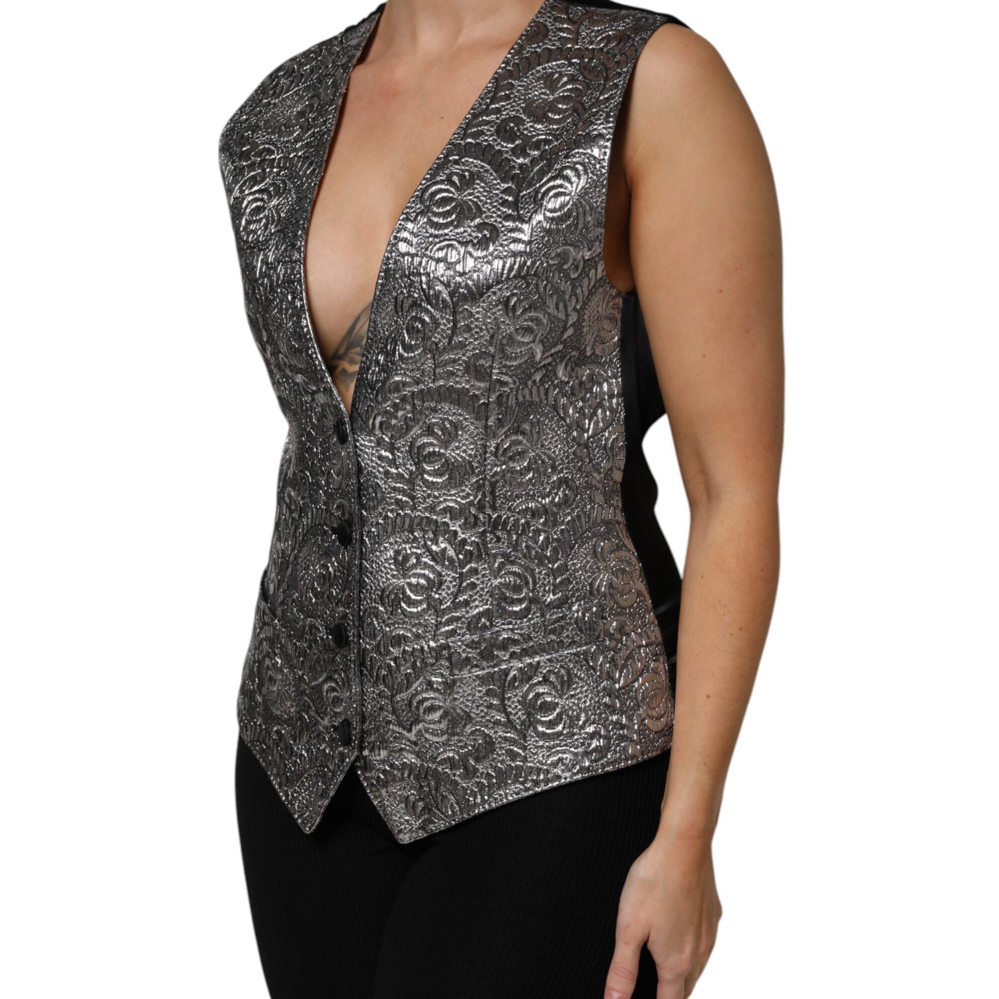 Dolce & Gabbana Silver Floral Jacquard Sleeveless Vest Top