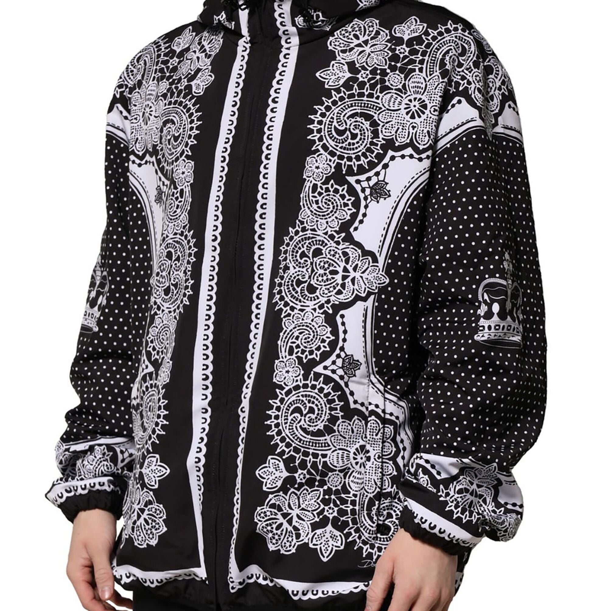 Dolce & Gabbana Black Bandana Print Hooded Bomber Jacket