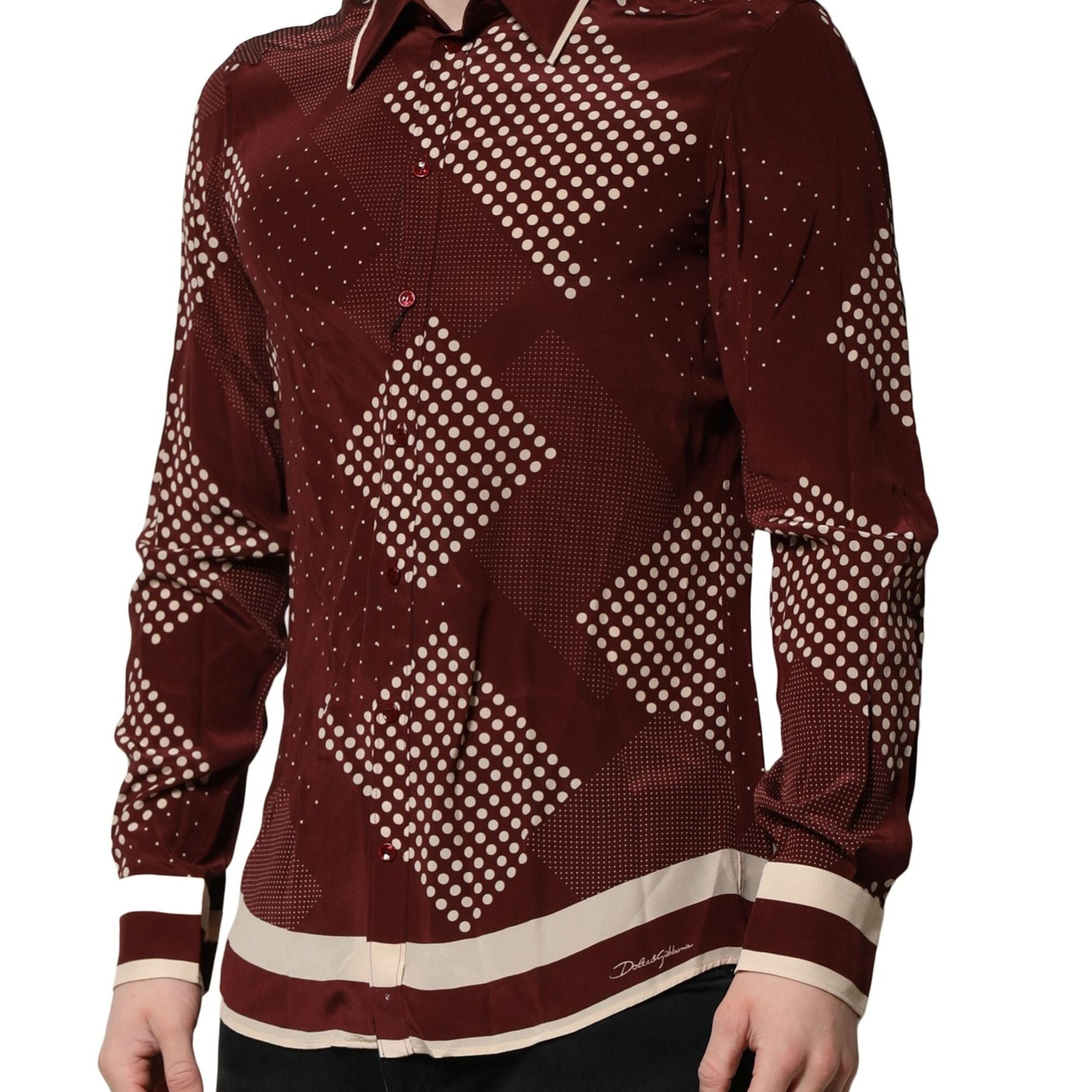 Dolce & Gabbana Maroon Dotted Silk Long Sleeve Casual Shirt
