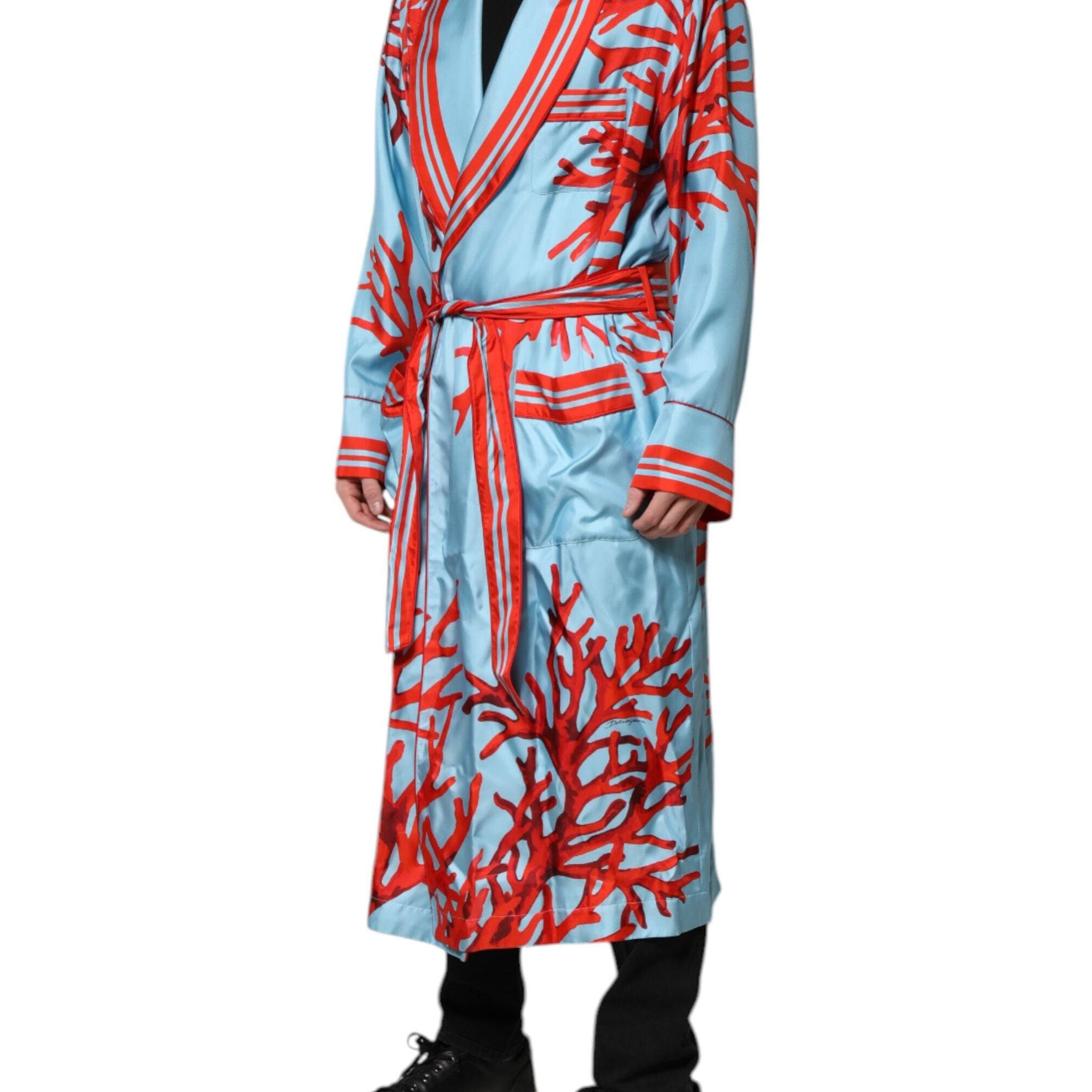 Dolce & Gabbana Blue Red Coral Print Wrap Robe Coat Jacket