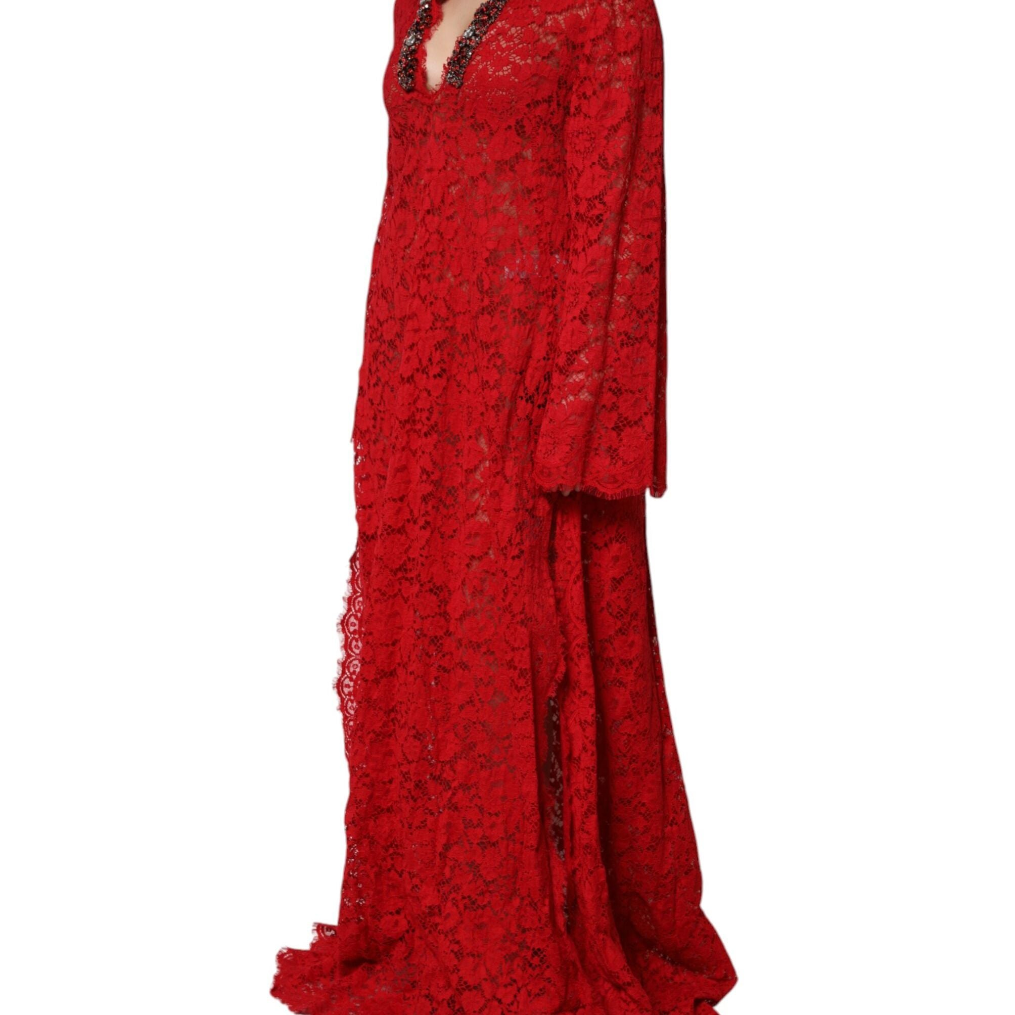 Dolce & Gabbana Red Floral Lace Rhinestone Embellished Dress