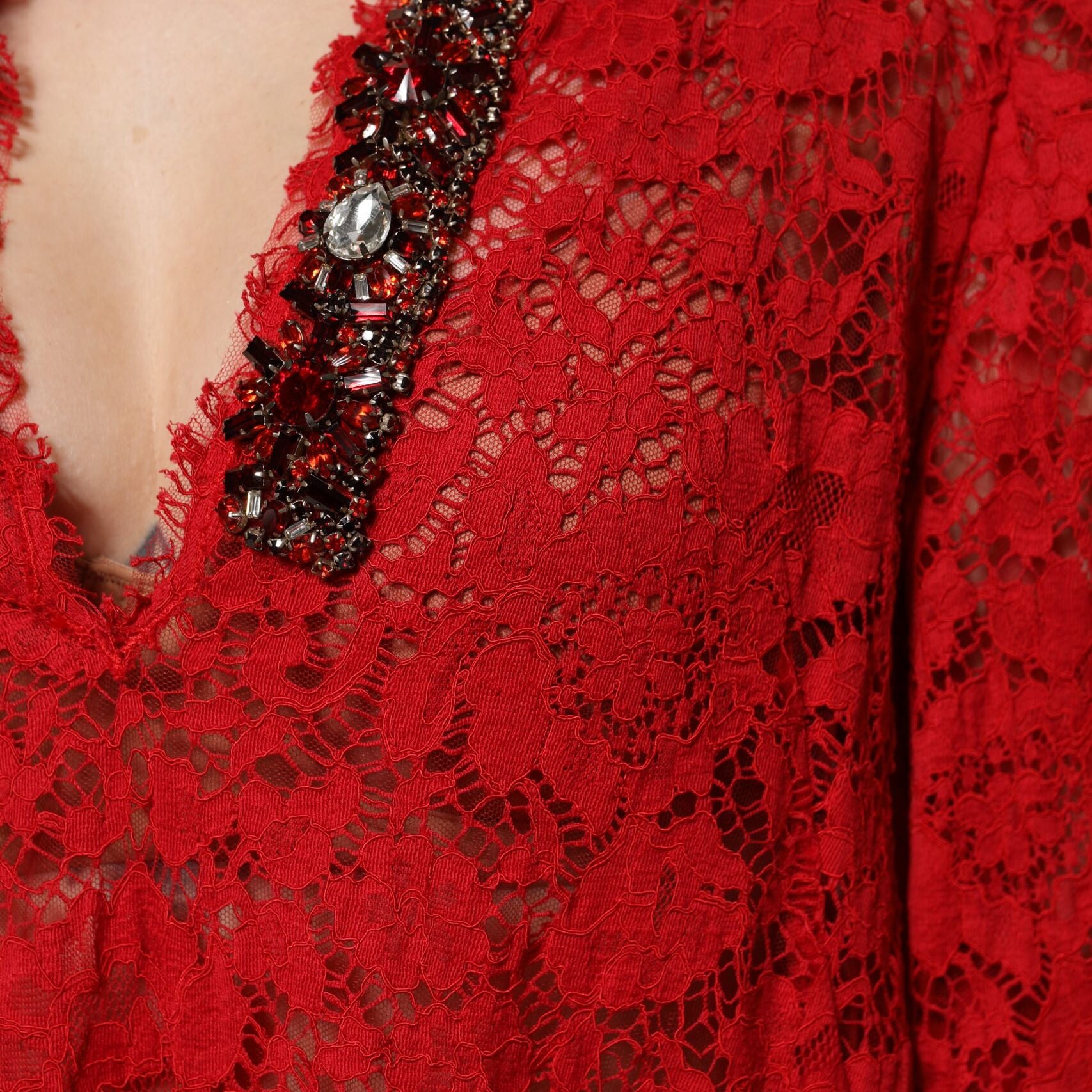Dolce & Gabbana Red Floral Lace Rhinestone Embellished Dress