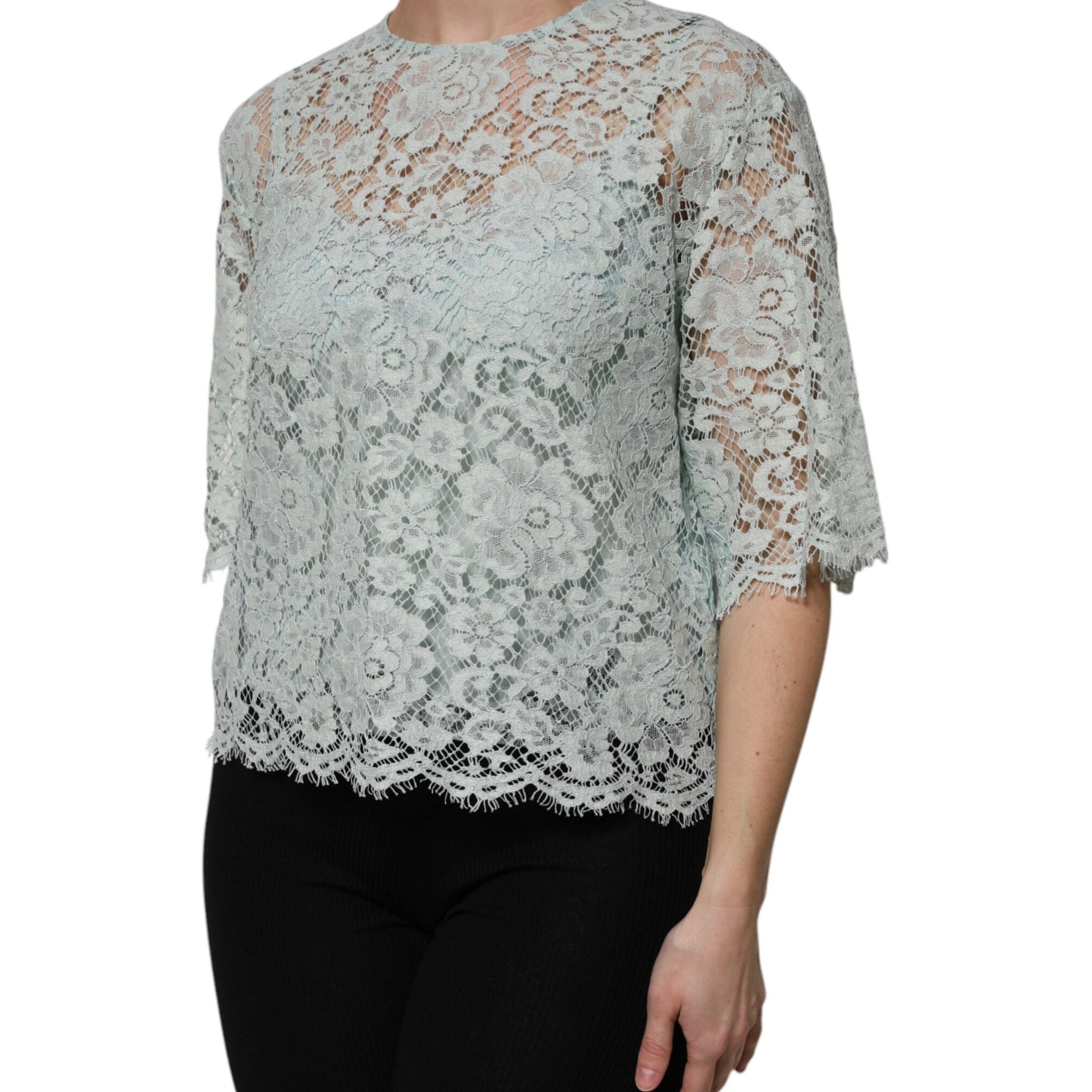 Dolce & Gabbana Mint Green Floral Lace Cotton Blouse Top