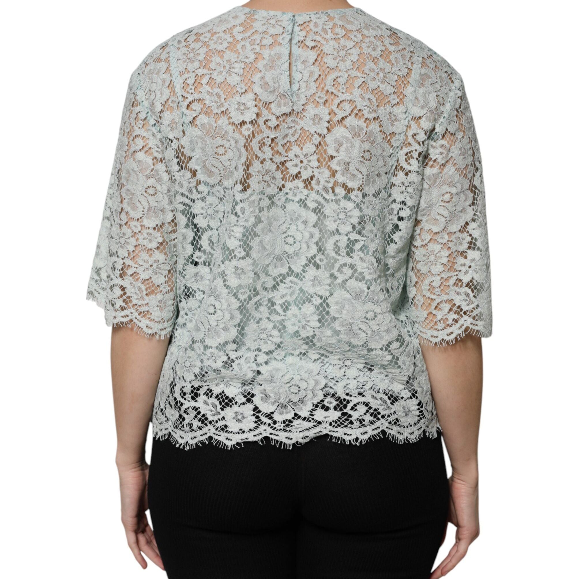 Dolce & Gabbana Mint Green Floral Lace Cotton Blouse Top