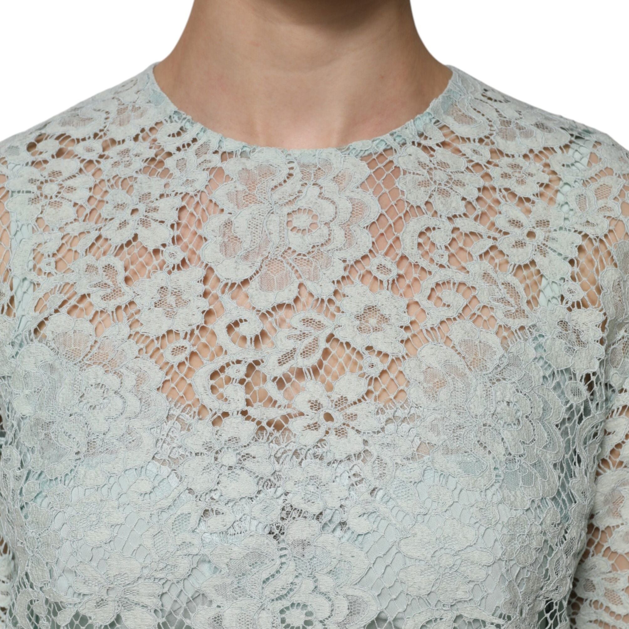 Dolce & Gabbana Mint Green Floral Lace Cotton Blouse Top