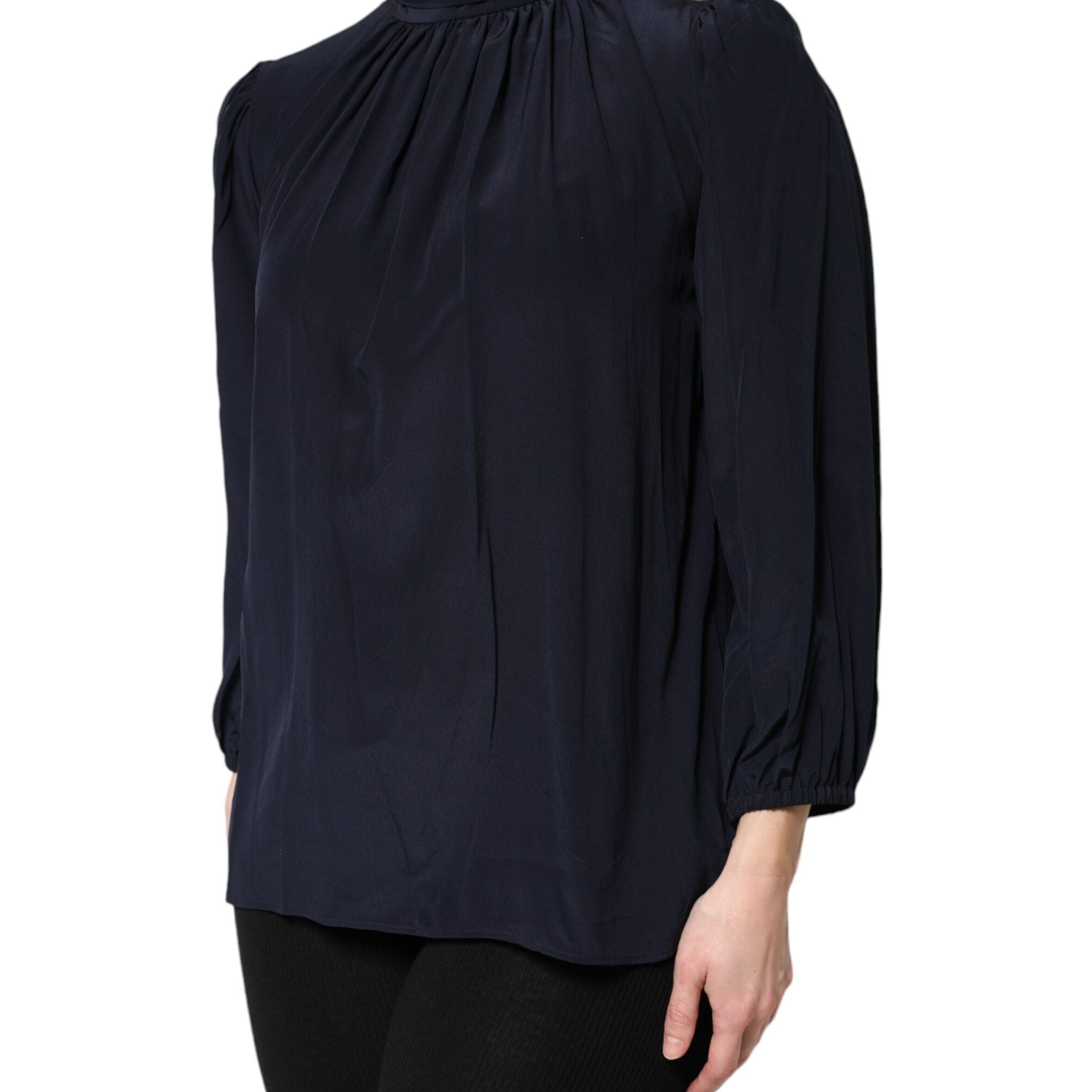Dolce & Gabbana Blue Silk Mock Neck Long Sleeves Blouse Top