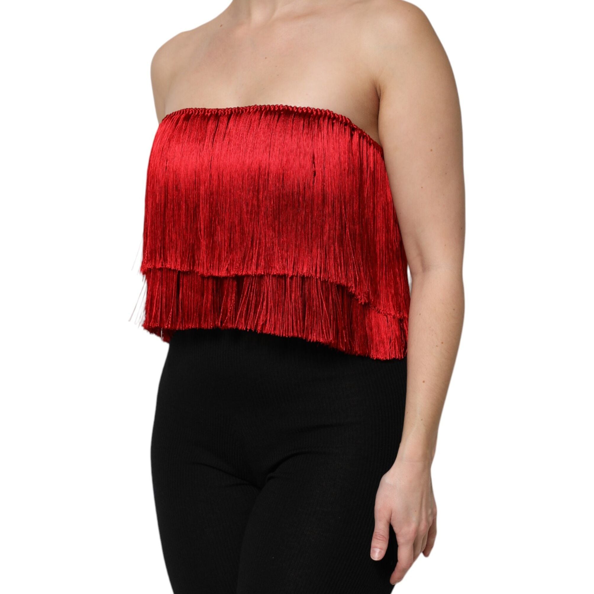 Dolce & Gabbana Red Silk Strapless Fringe Crop Tube Top