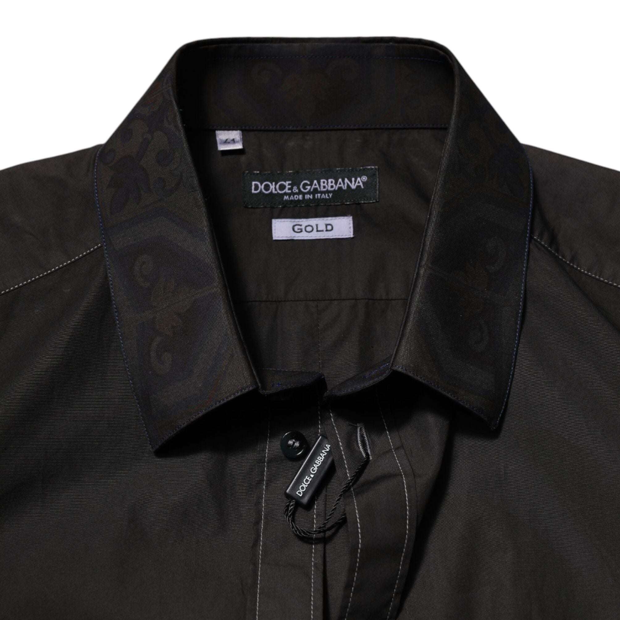Dolce & Gabbana Black Cotton Jacquard GOLD Collar Dress Shirt