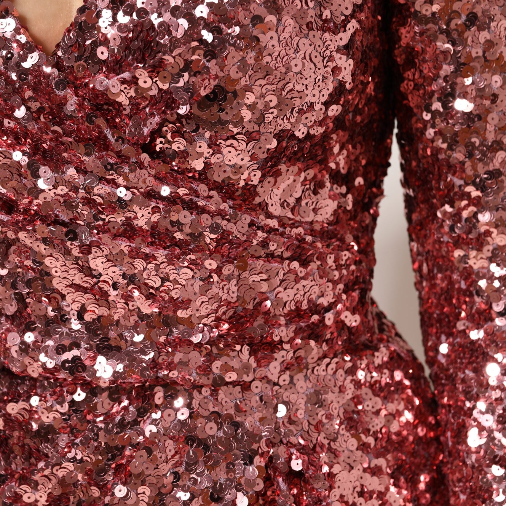 Dolce & Gabbana Pink Sequin Statement Nylon Midi V-Neck Dress