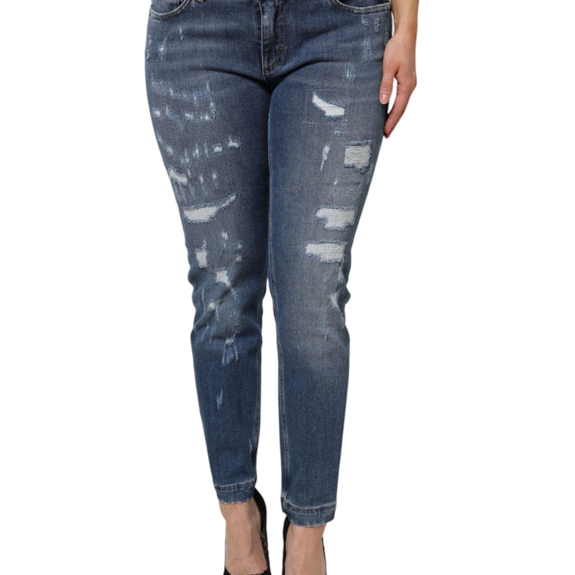 Dolce & Gabbana Blue Tattered Cotton Low Waist Denim Jeans