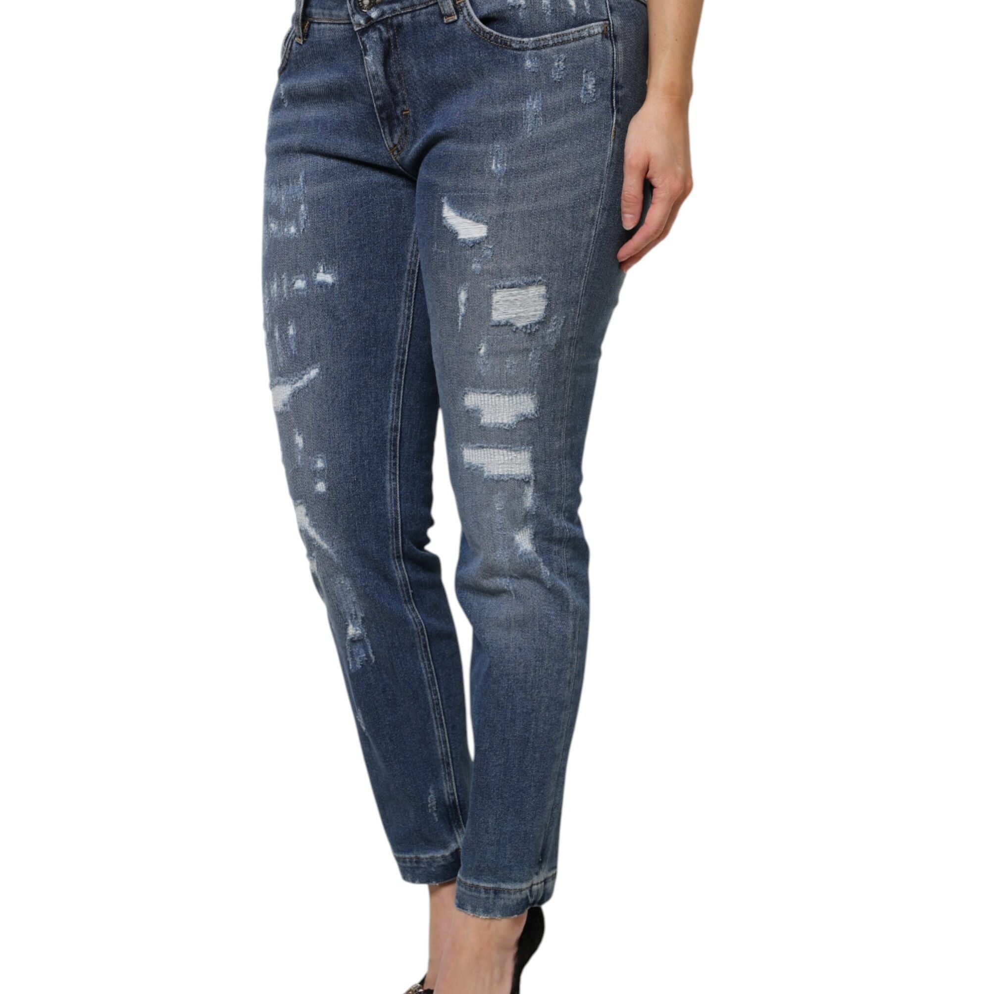 Dolce & Gabbana Blue Tattered Cotton Low Waist Denim Jeans