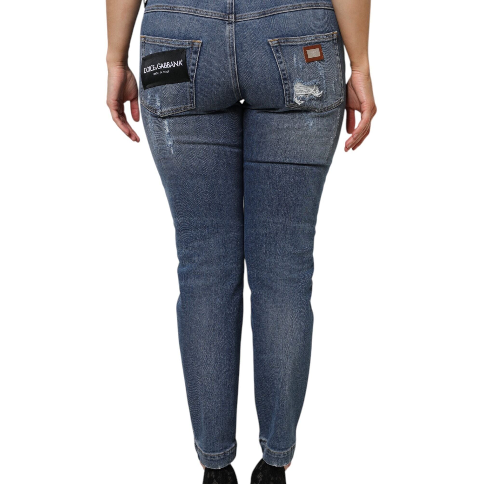 Dolce & Gabbana Blue Tattered Cotton Low Waist Denim Jeans