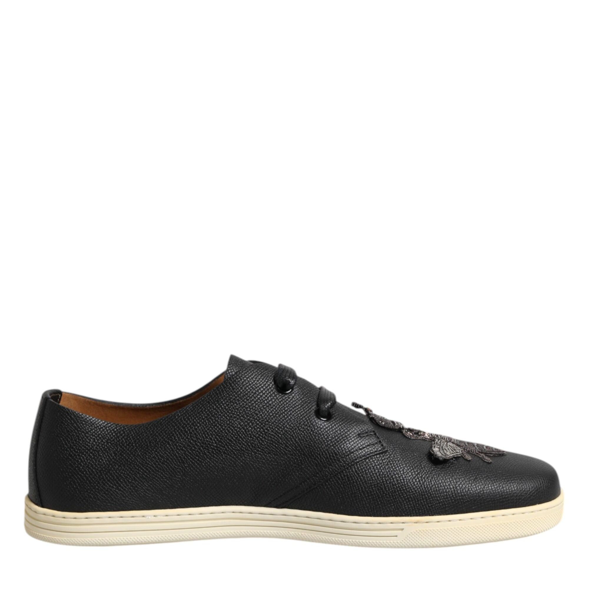 Dolce & Gabbana Black Leather Bee Crown Low Top Sneakers Shoes