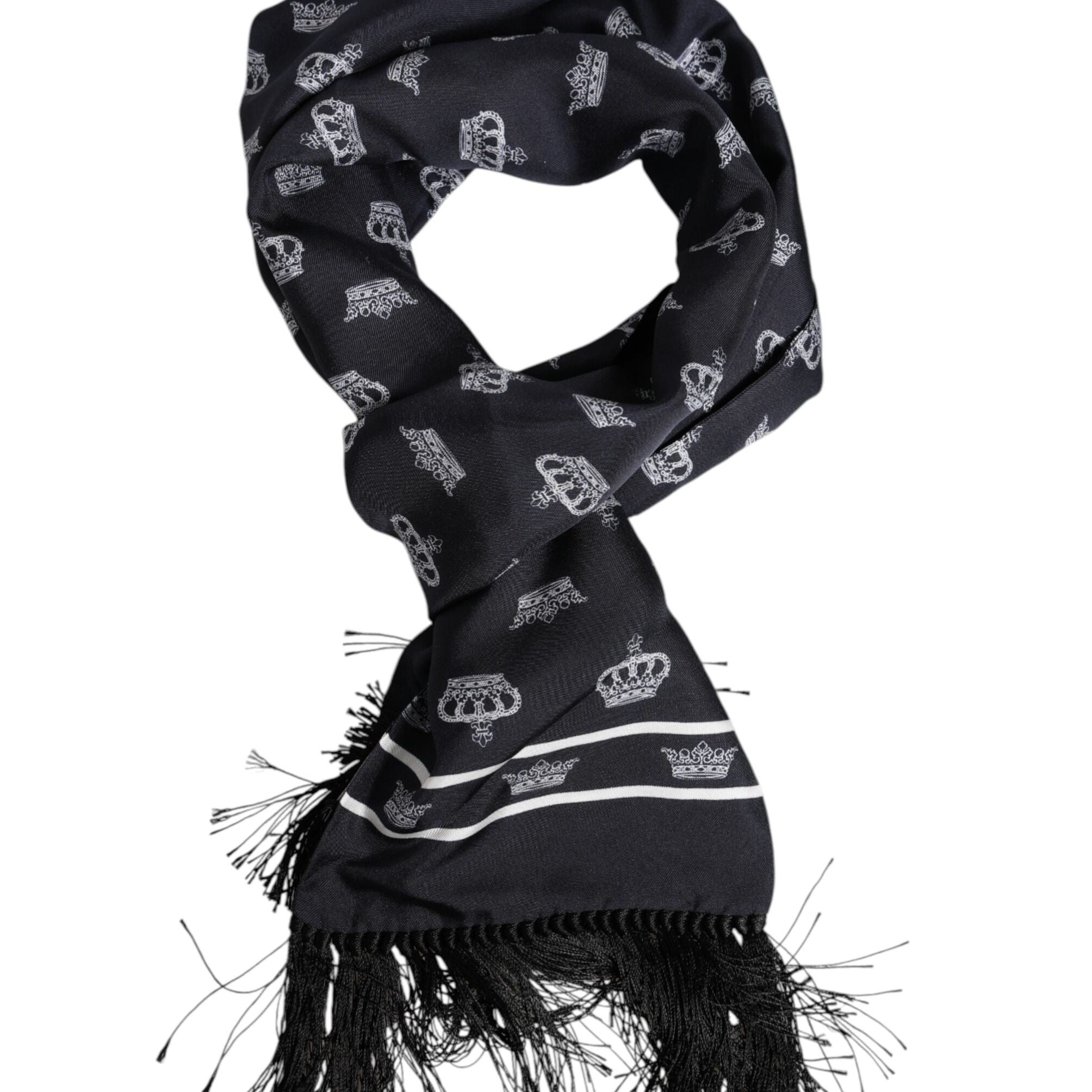 Dolce & Gabbana Black Silk Crown Fringes Men Foulard Scarf