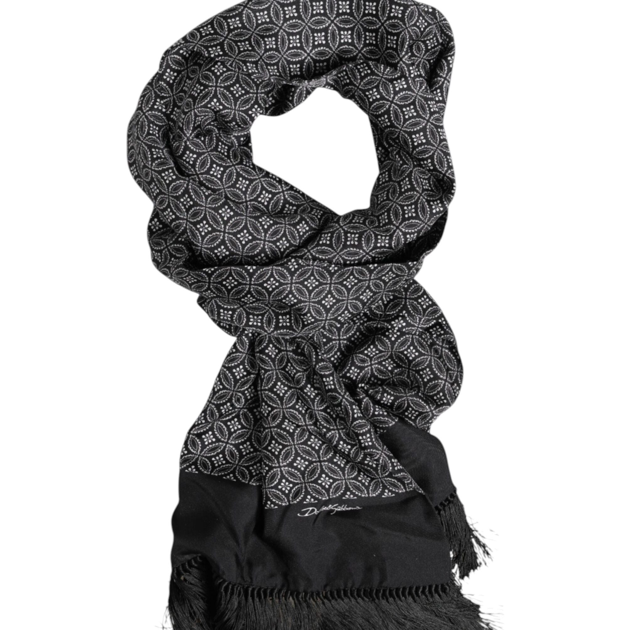 Dolce & Gabbana Black Patterned Fringes Men Foulard Scarf