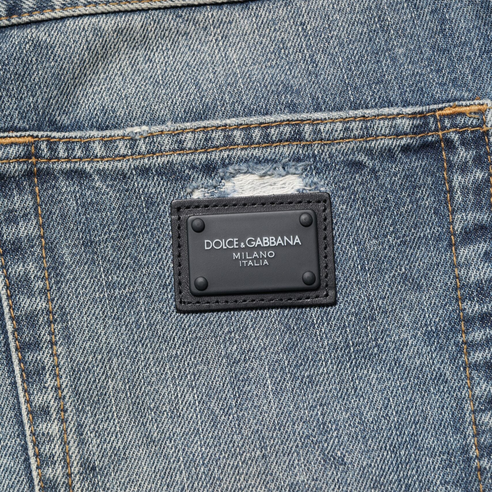 Dolce & Gabbana Blue Washed Tattered Straight Fit Denim Jeans
