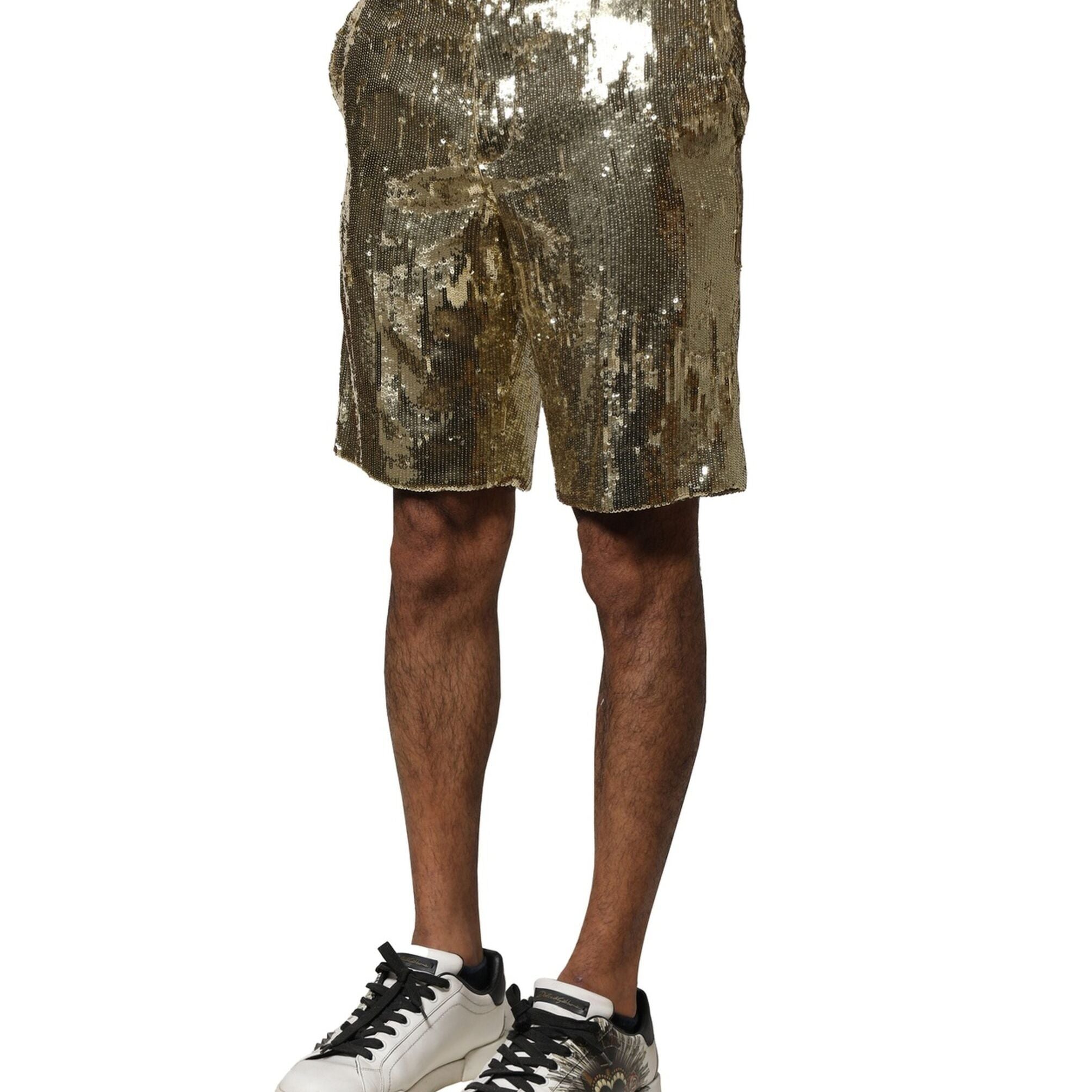Dolce & Gabbana Gold Sequin Polyester Embellished Bermuda Shorts