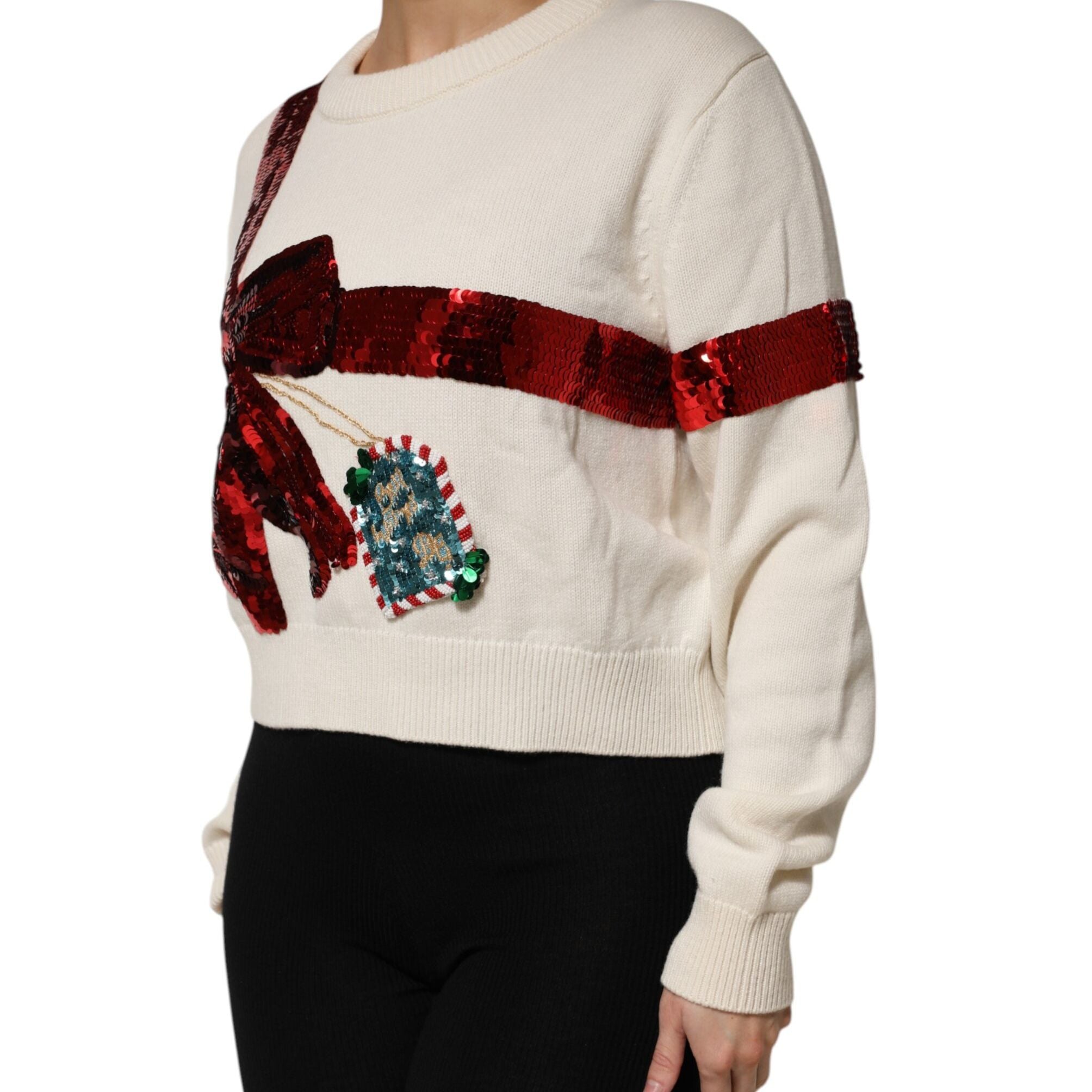 Dolce & Gabbana White Sequined Crew Neck Pullover Sweater