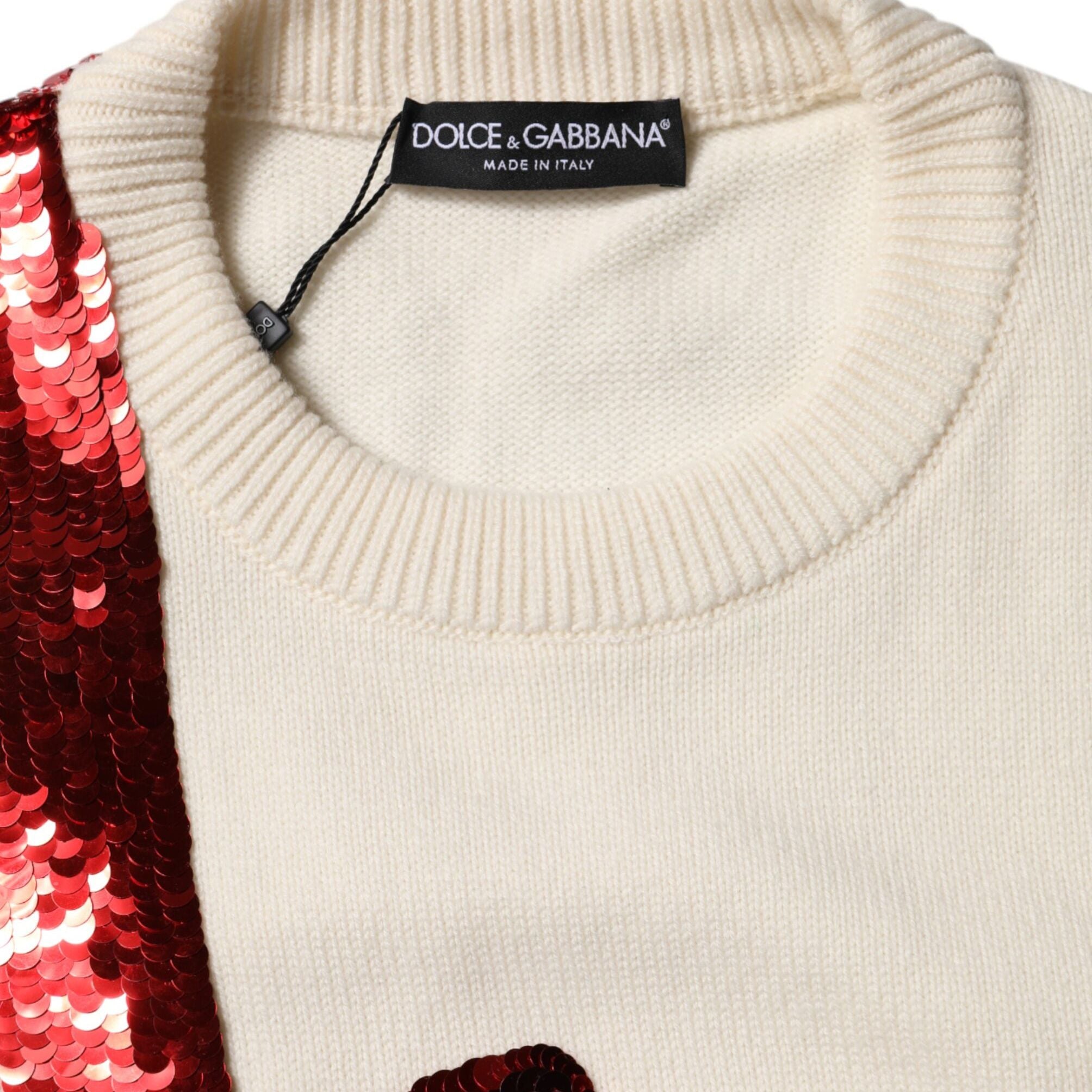 Dolce & Gabbana White Sequined Crew Neck Pullover Sweater