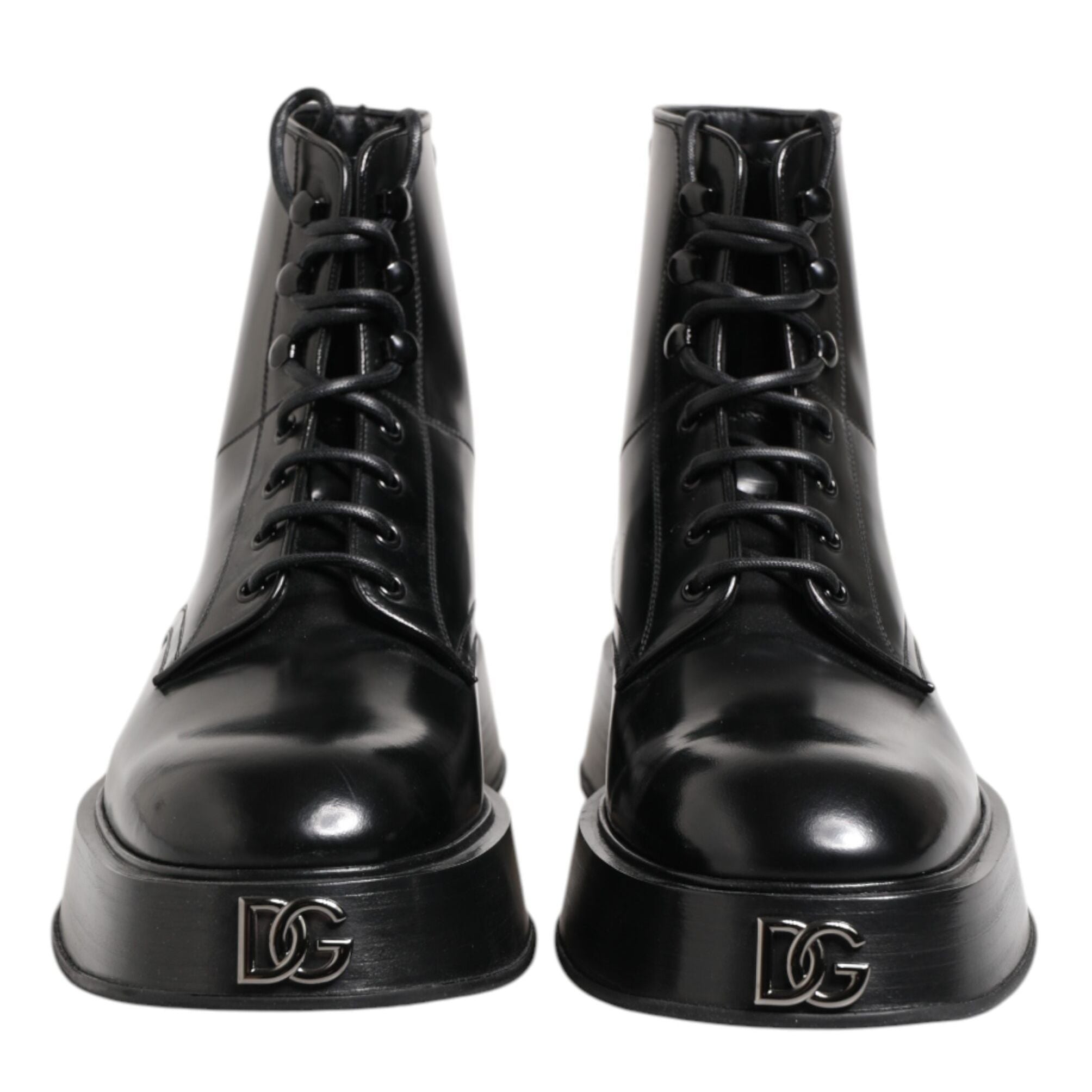 Dolce & Gabbana Black Leather Logo Ankle Boots Lace Up Shoes