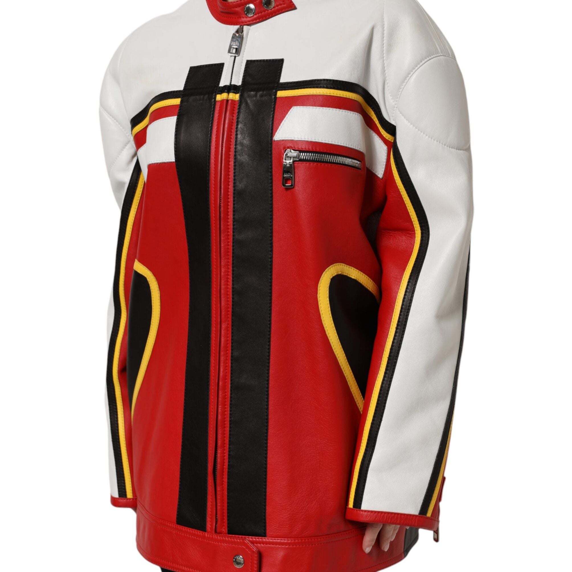 Dolce & Gabbana Multicolor Leather Biker Full Zip Coat Jacket