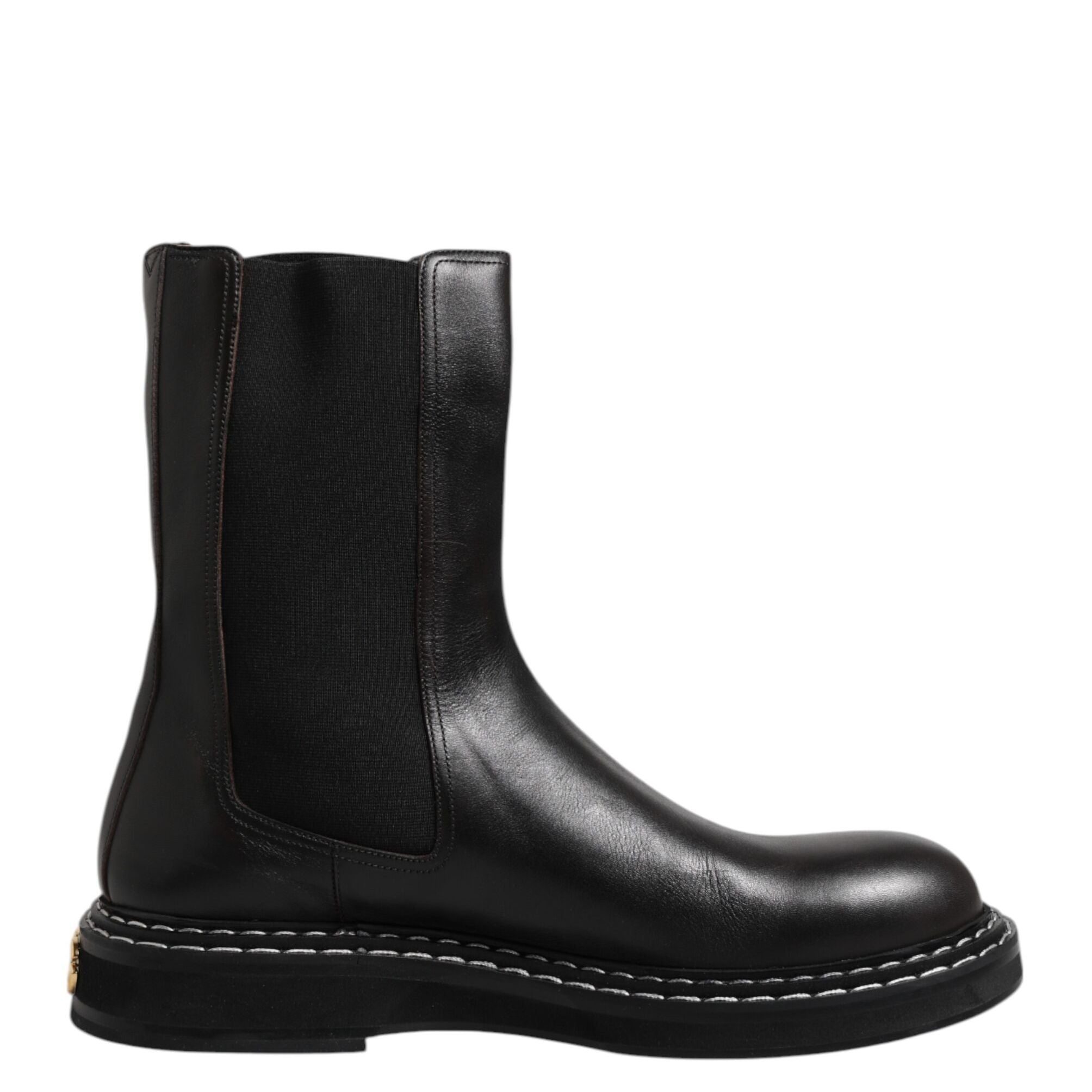Dolce & Gabbana Black Leather Mid Calf Boots Flats Shoes