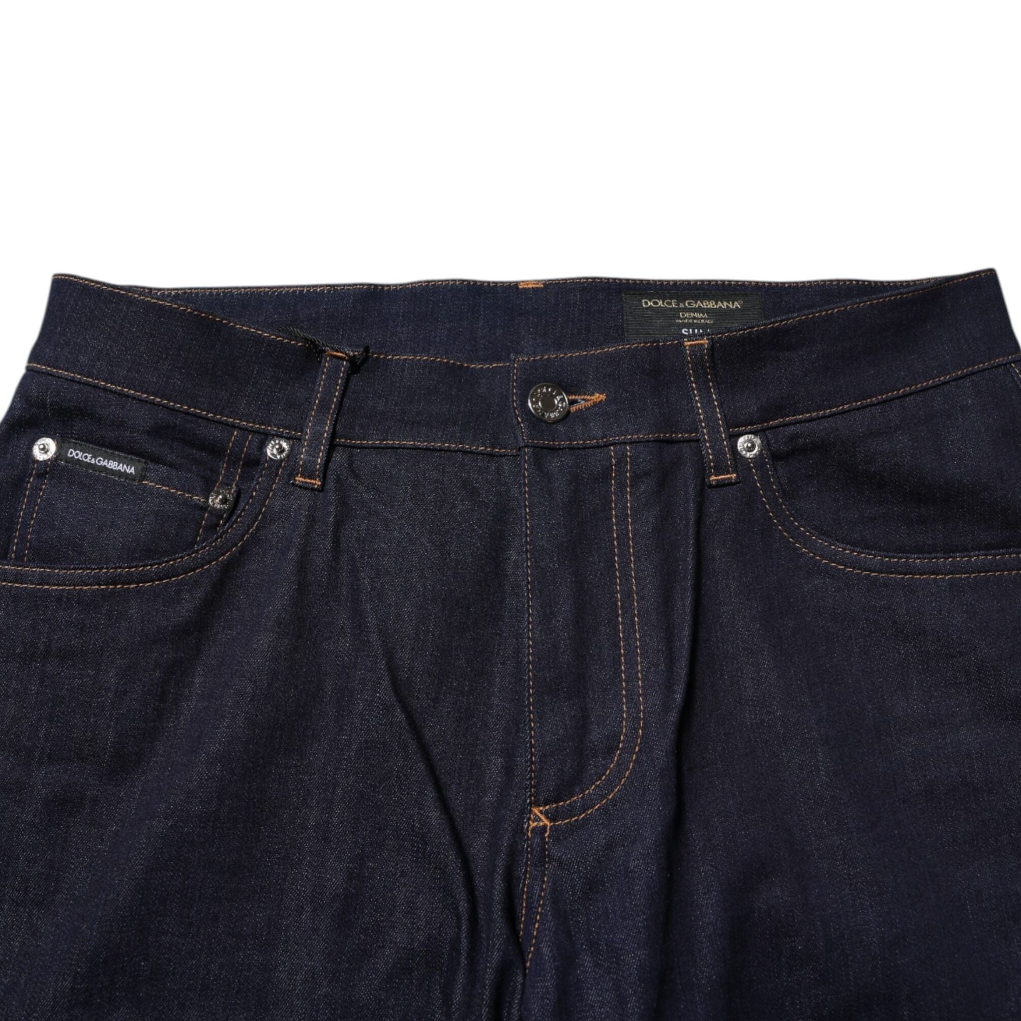 Dolce & Gabbana Dark Blue Cotton Logo Slim Fit Men Denim Jeans