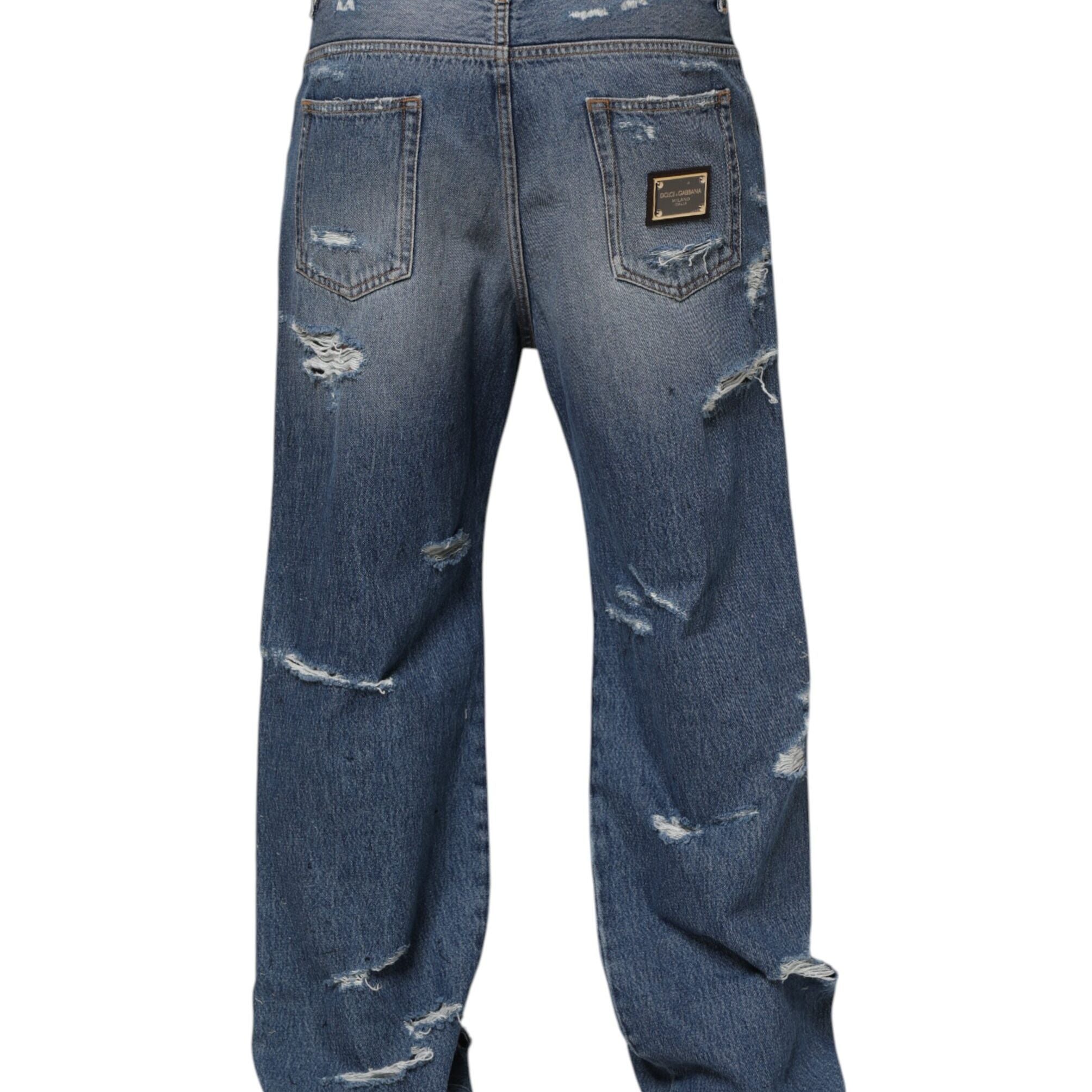 Dolce & Gabbana Blue Tattered Cotton Logo Plaque Denim Jeans