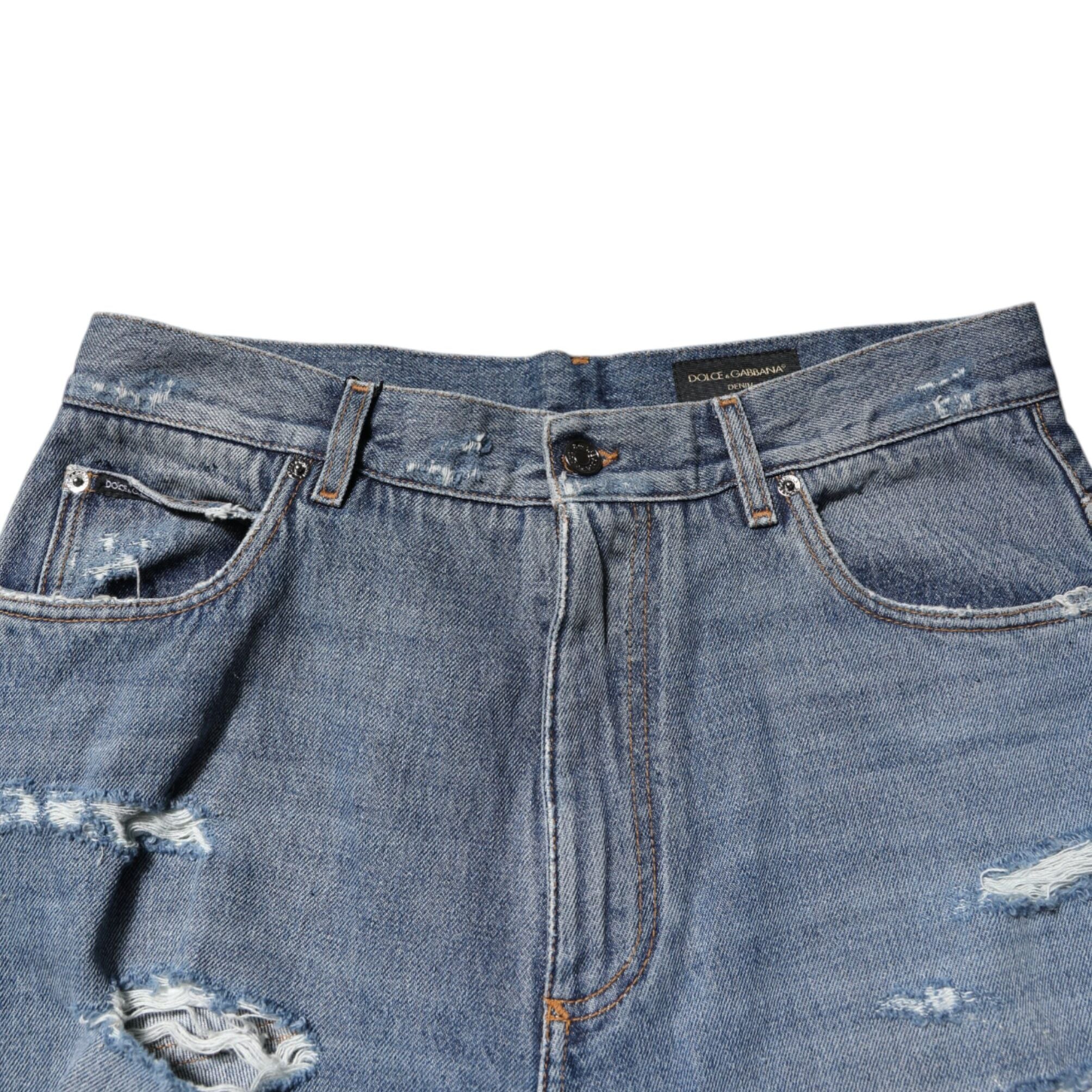 Dolce & Gabbana Blue Tattered Cotton Logo Plaque Denim Jeans
