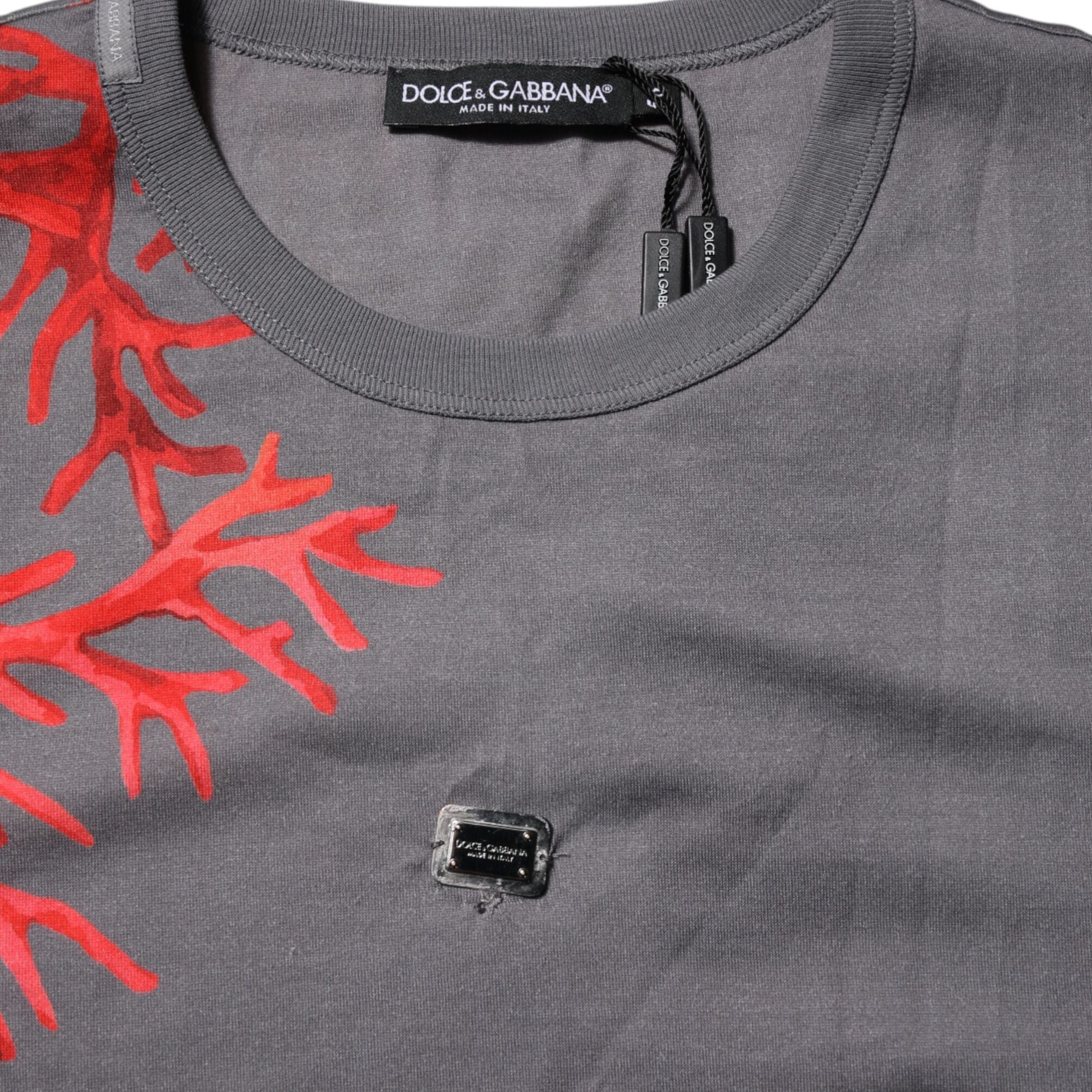 Dolce & Gabbana Gray Cotton Coral Print Logo Plaque T-shirt