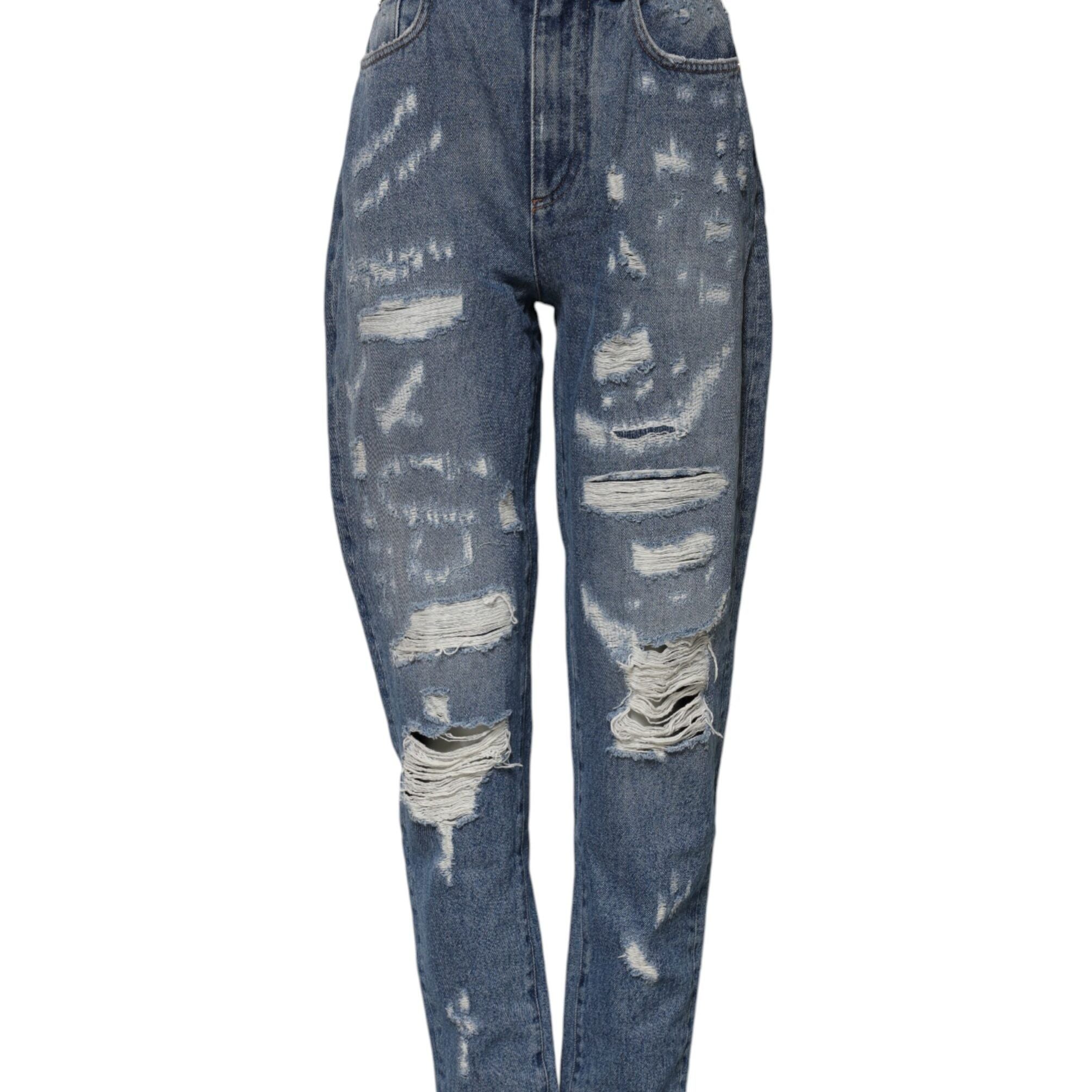 Dolce & Gabbana Blue Cotton Tattered High Waist Denim Jeans
