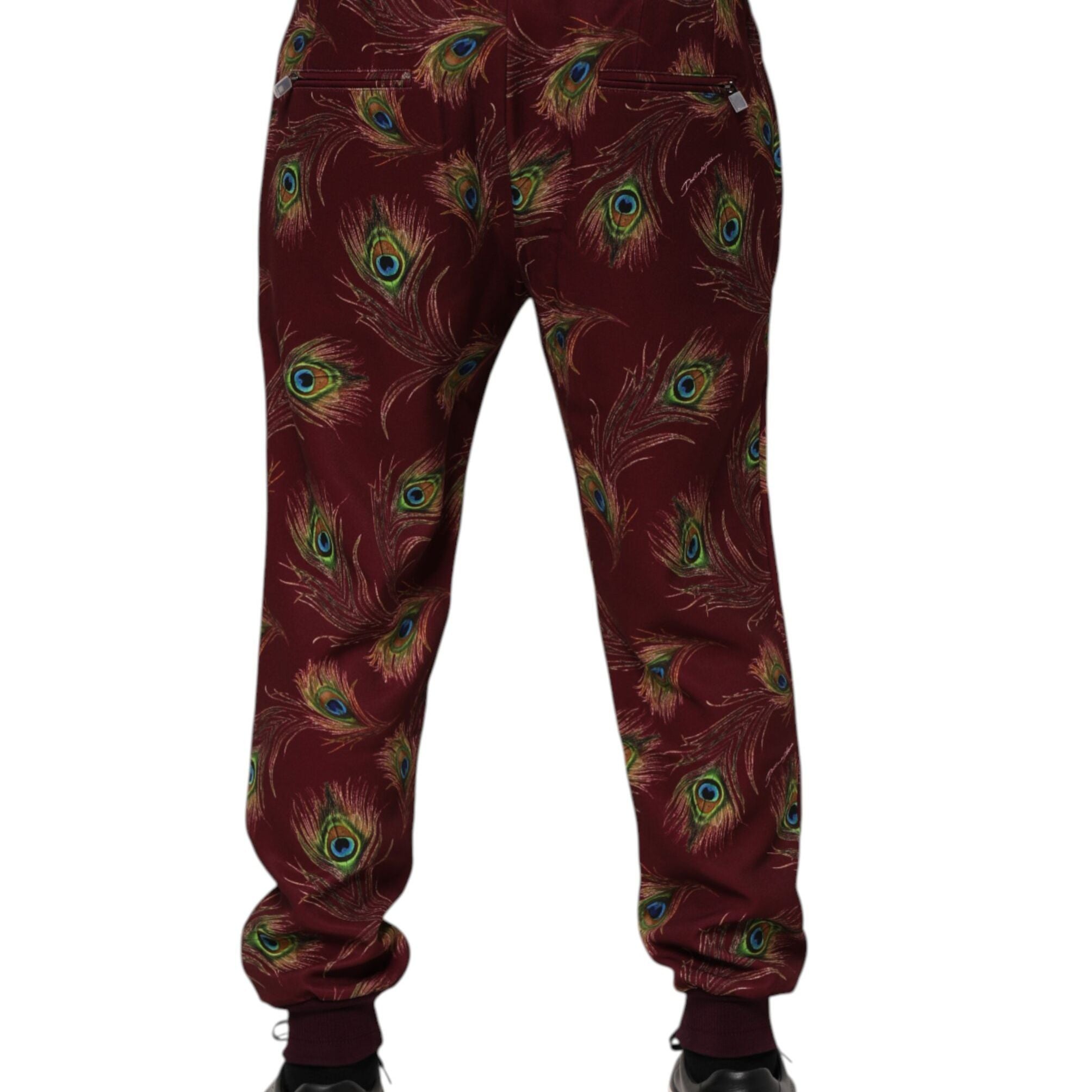 Dolce & Gabbana Burgundy Peacock Feather Print Jogger Pants
