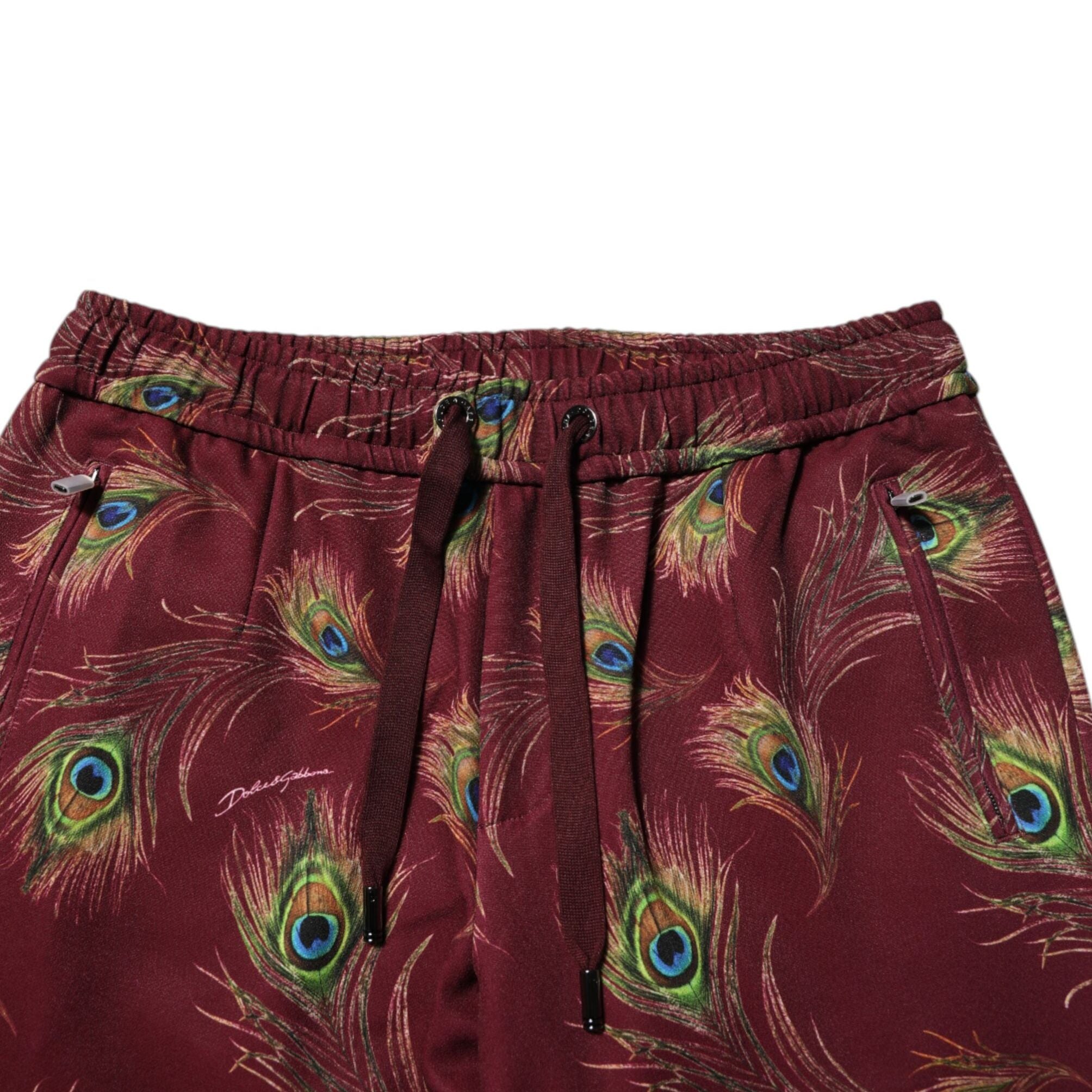 Dolce & Gabbana Burgundy Peacock Feather Print Jogger Pants
