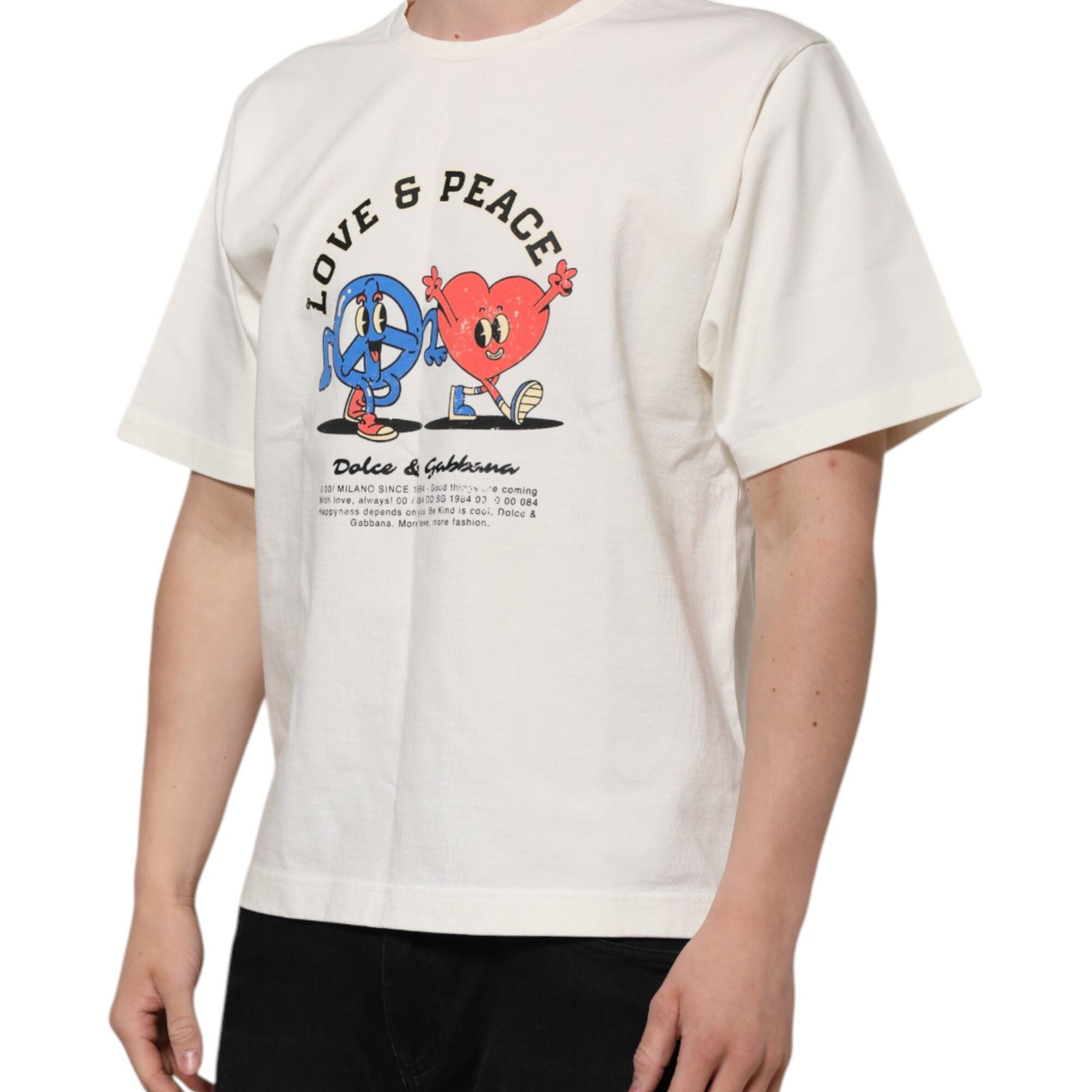 Dolce & Gabbana White Love Peace Cotton Men Crew Neck T-shirt