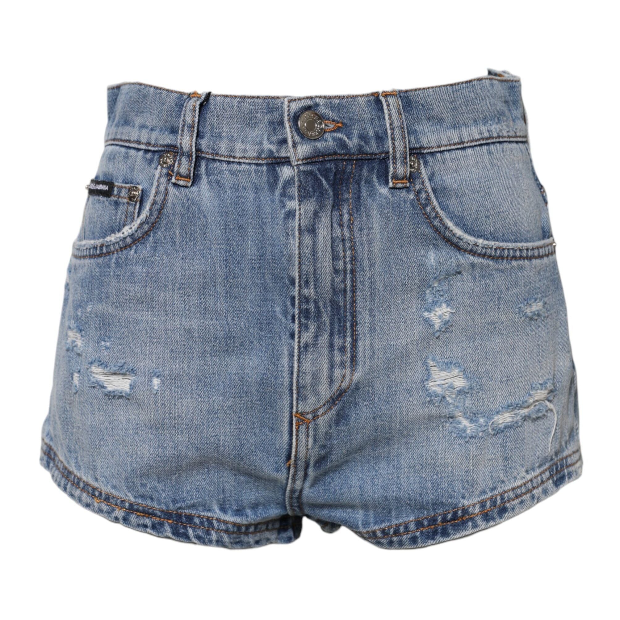 Dolce & Gabbana Blue Logo Plaque Denim Cotton Hot Pants Shorts