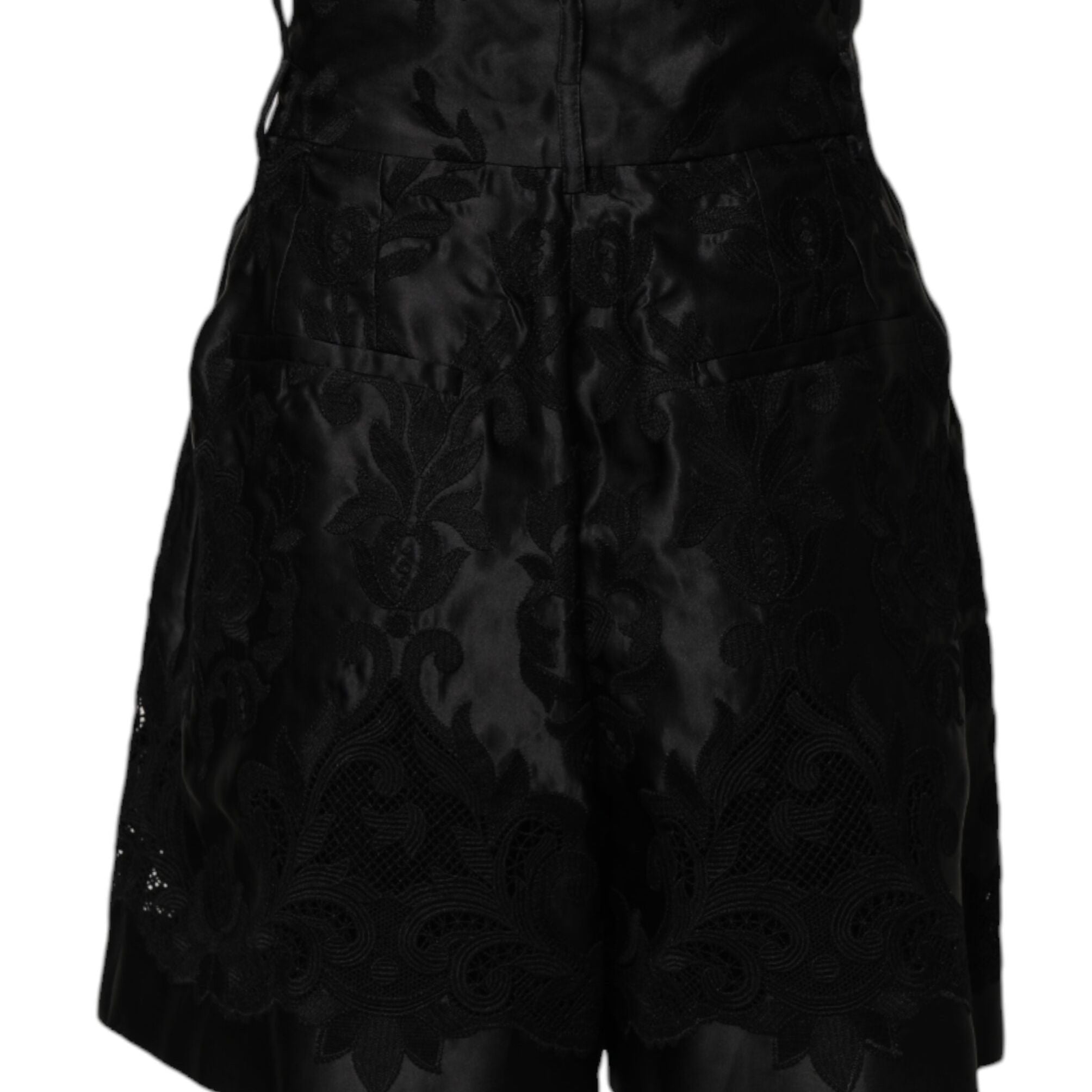 Dolce & Gabbana Black Floral Embroidery Silk High Waist Shorts