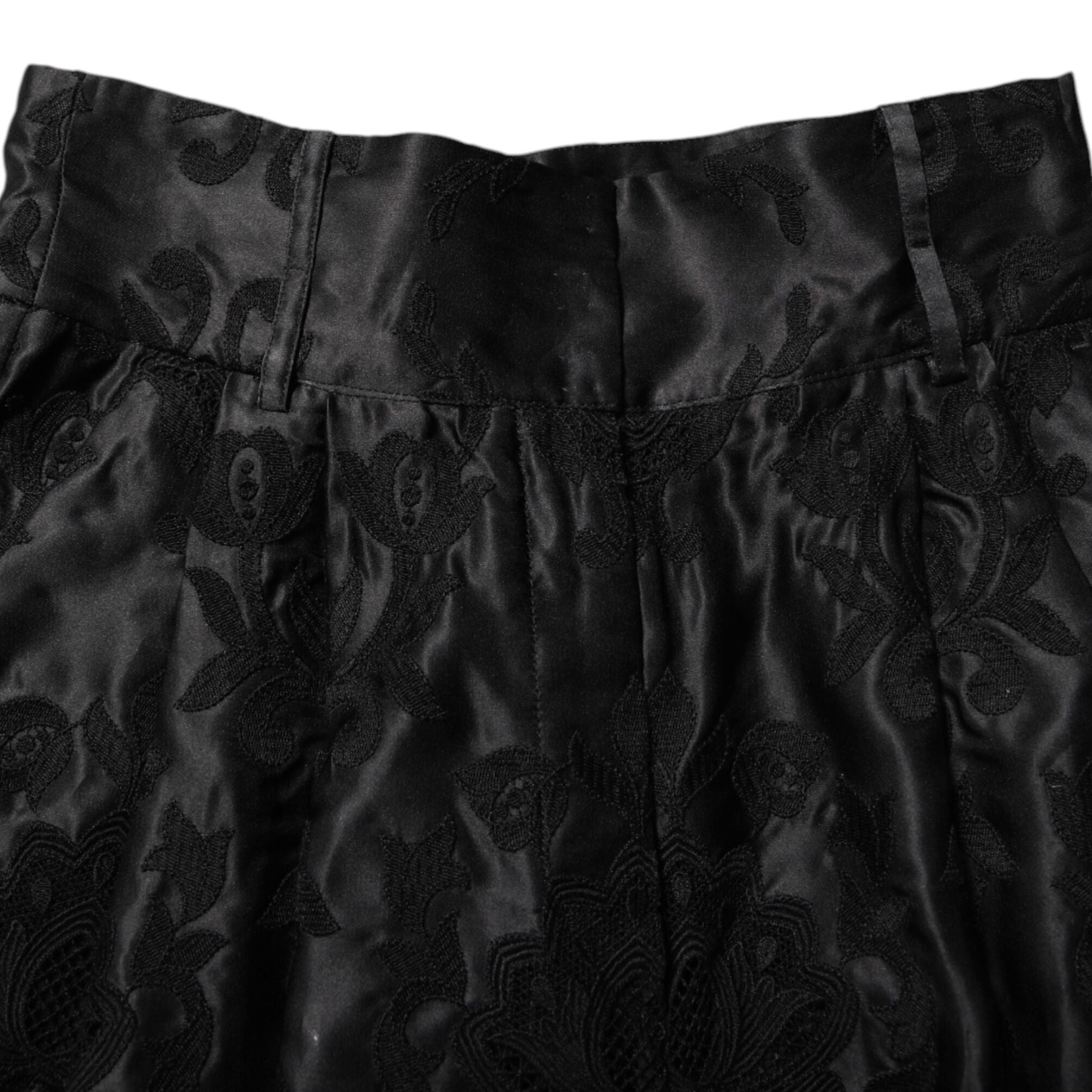 Dolce & Gabbana Black Floral Embroidery Silk High Waist Shorts
