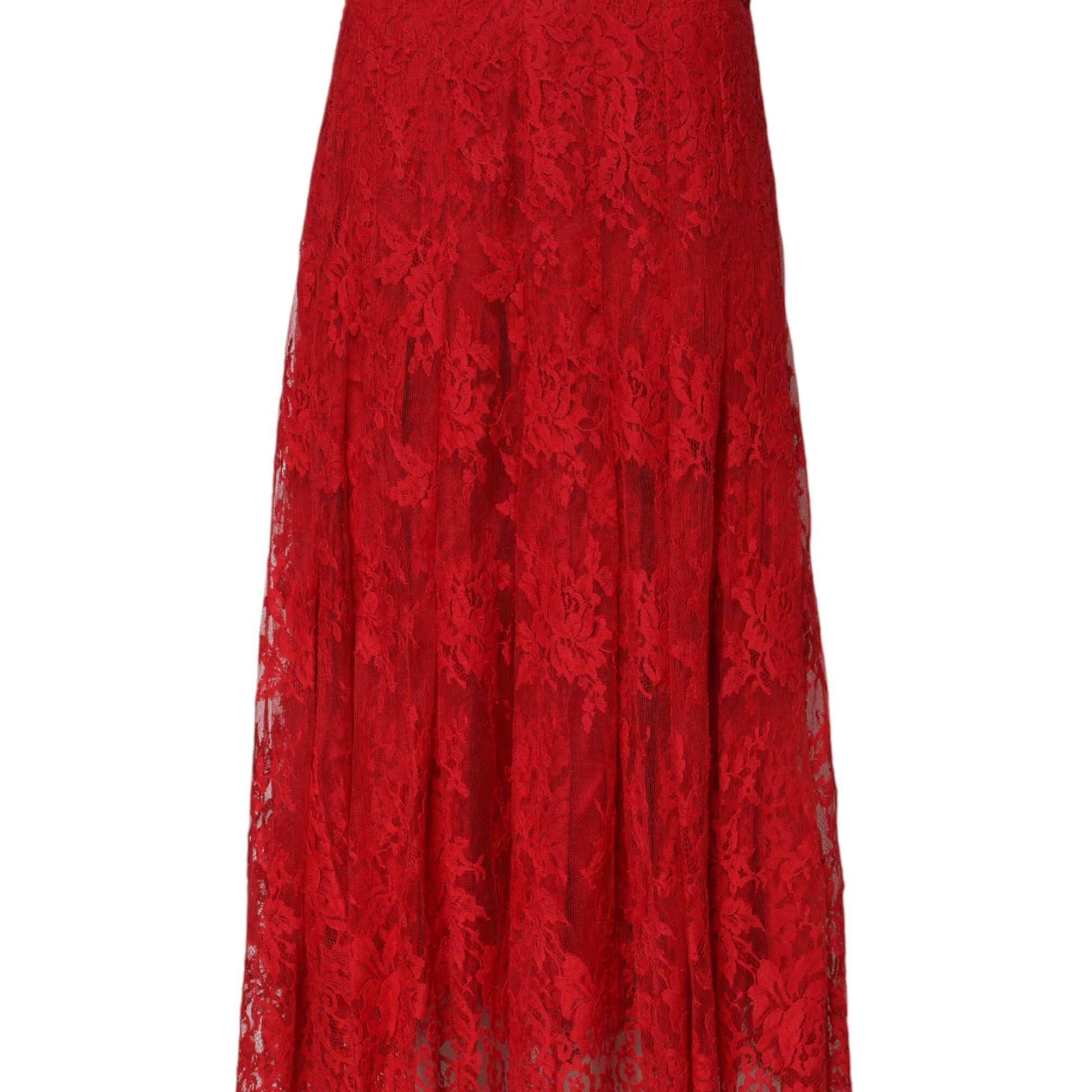 Dolce & Gabbana Red Cotton Floral Lace A-line Long Maxi Skirt