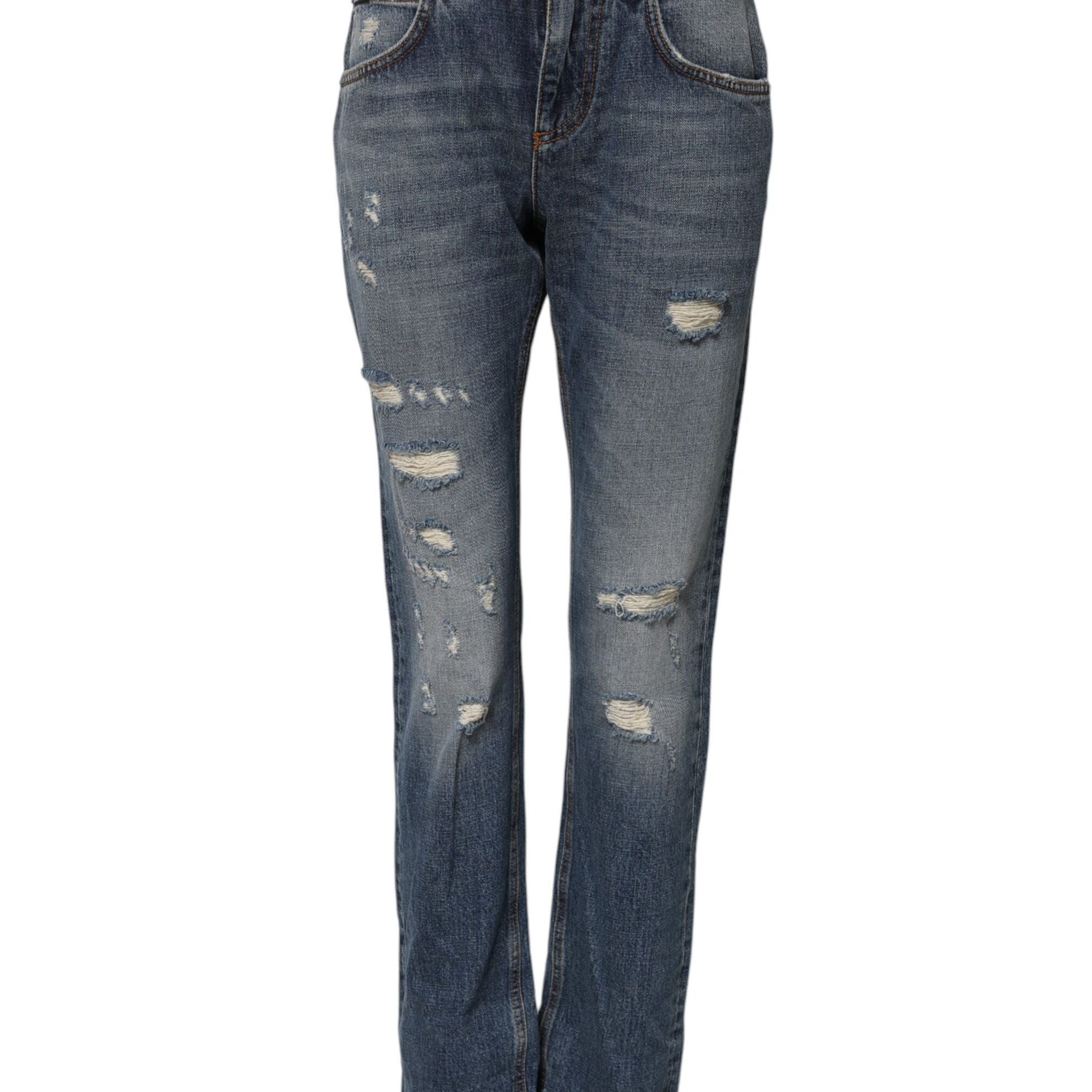 Dolce & Gabbana Blue Cotton Tattered Mid Waist Denim Jeans