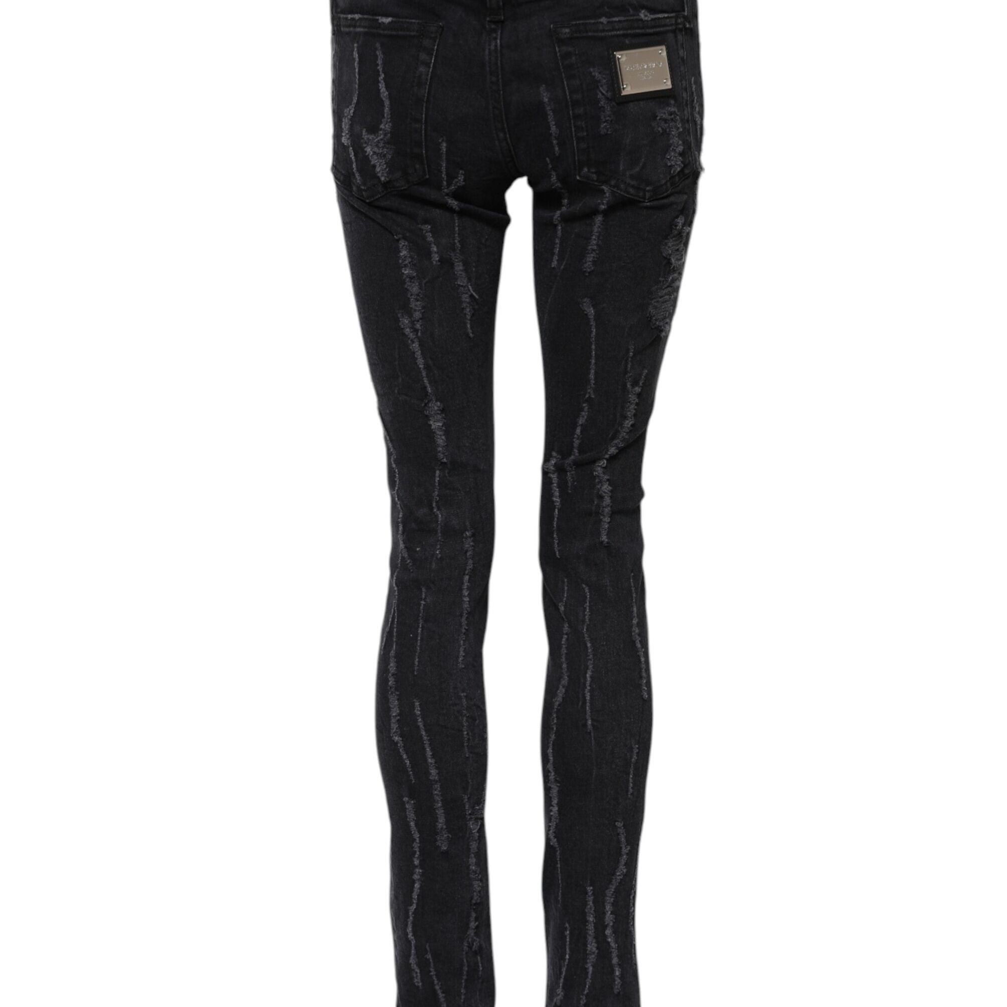 Dolce & Gabbana Black Cotton Tattered Skinny Denim Jeans