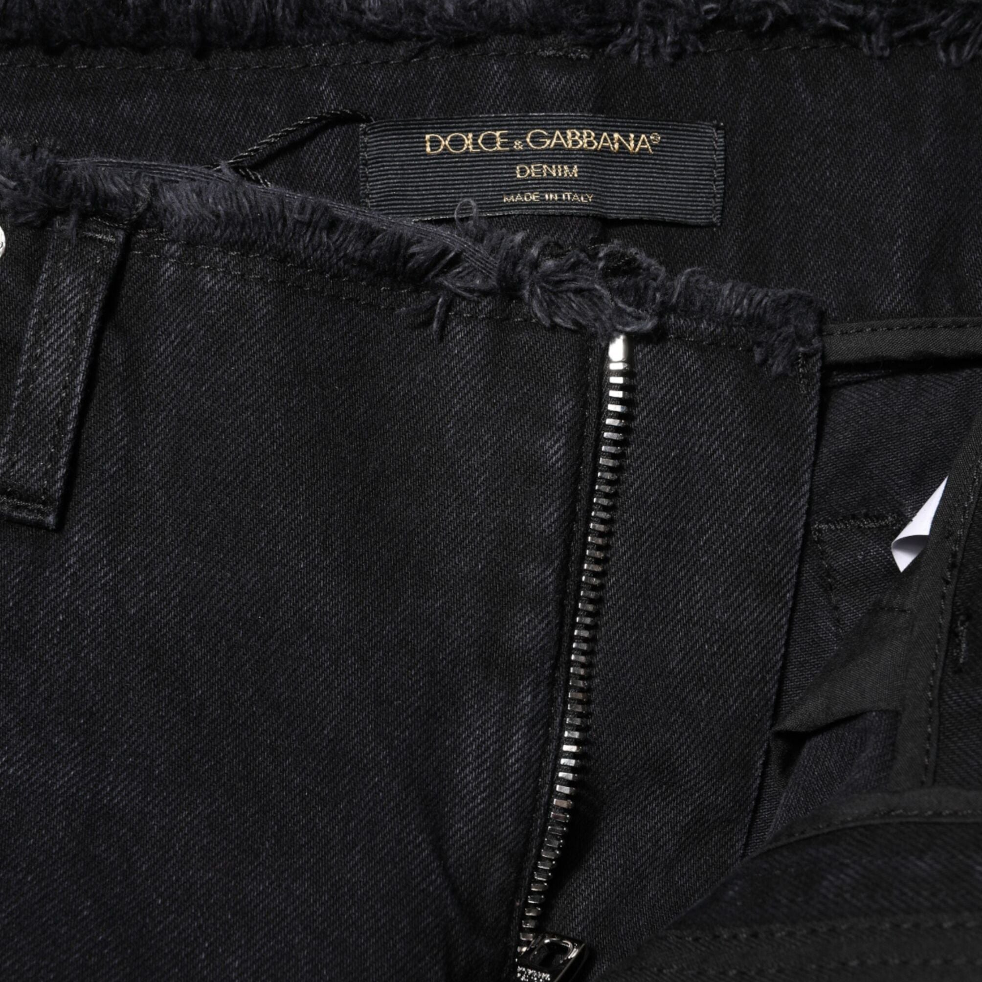 Dolce & Gabbana Black Cotton Tattered Mid Waist Denim Jeans