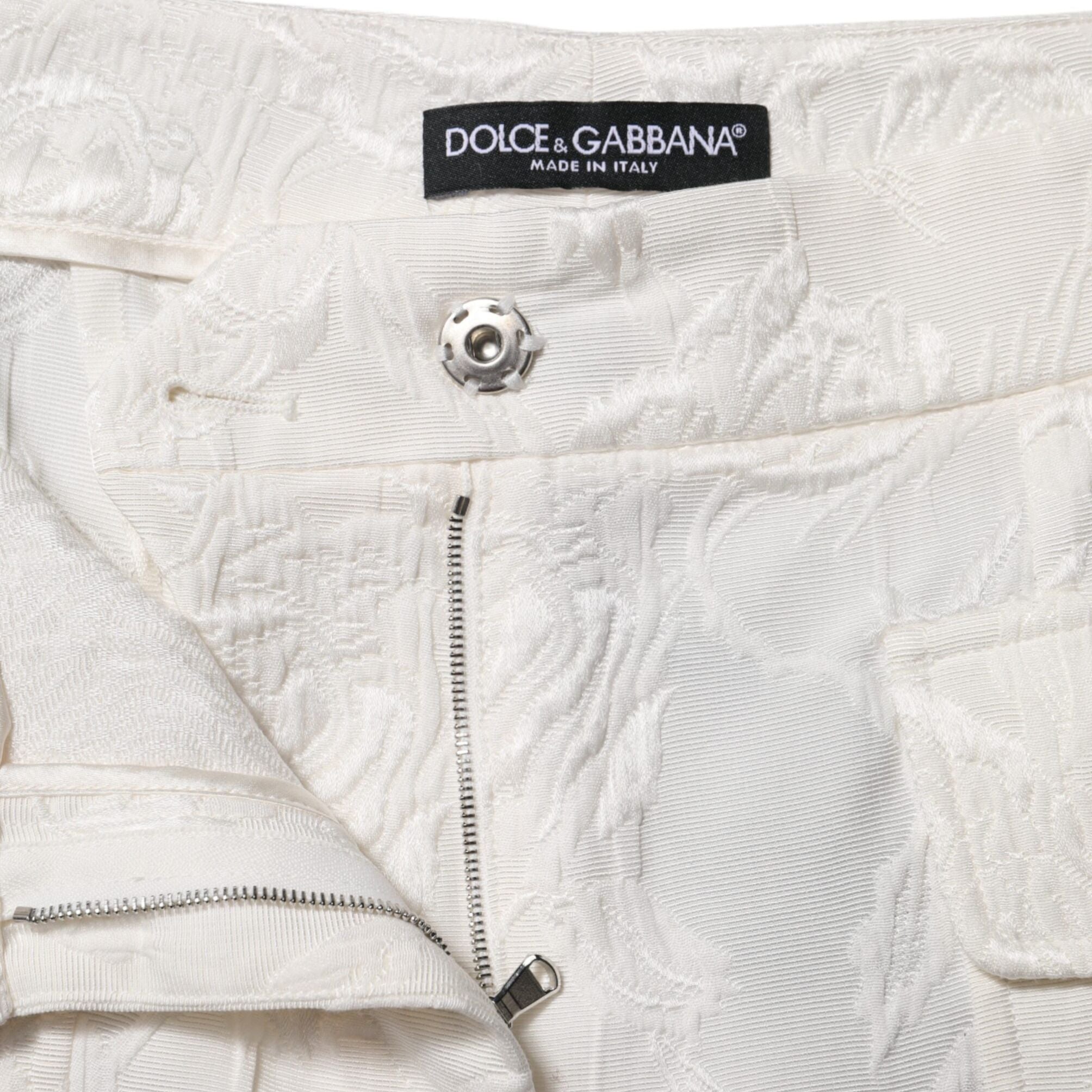 Dolce & Gabbana White Cotton Floral Jacquard Pants