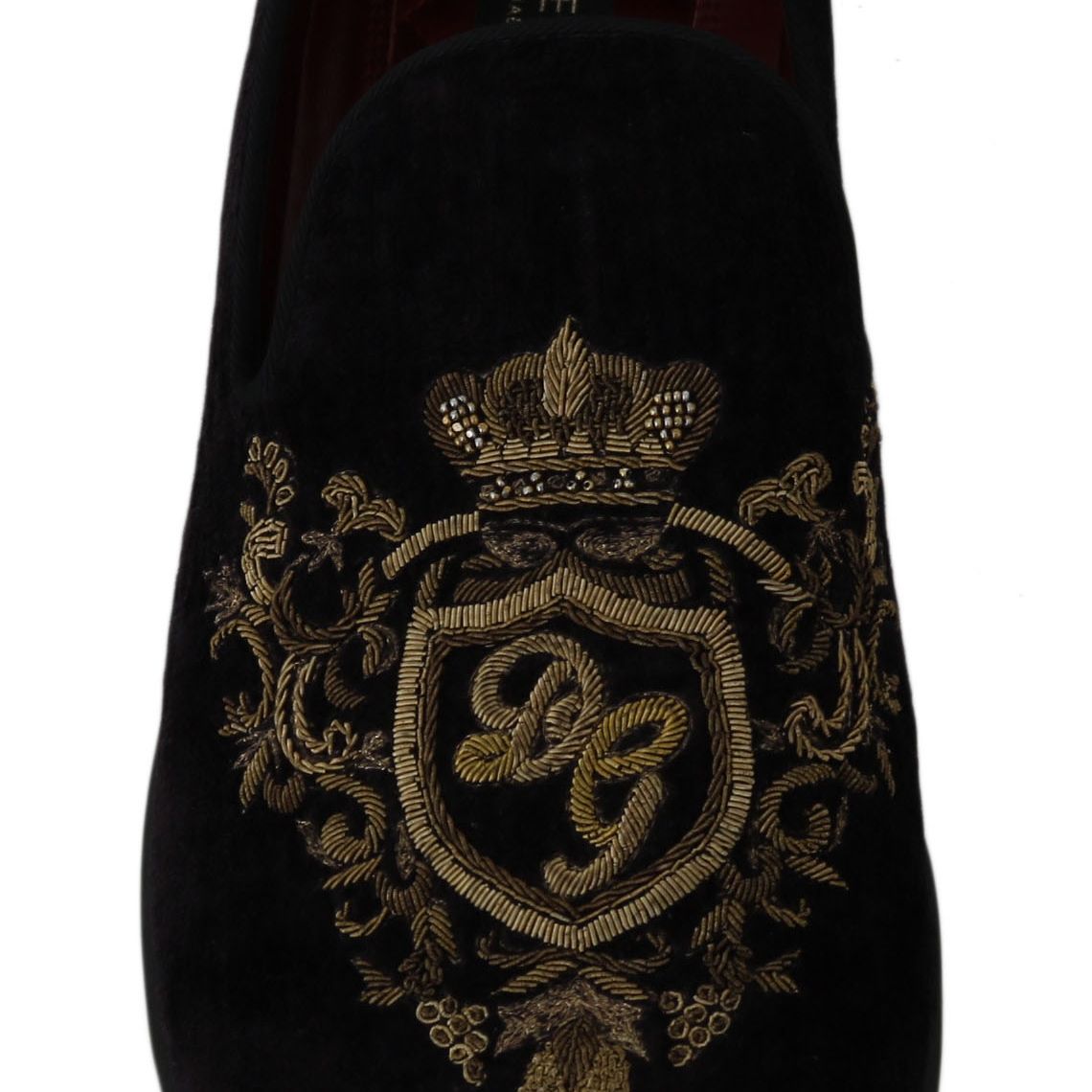 Dolce & Gabbana Loafers Black Velvet Gold Crown